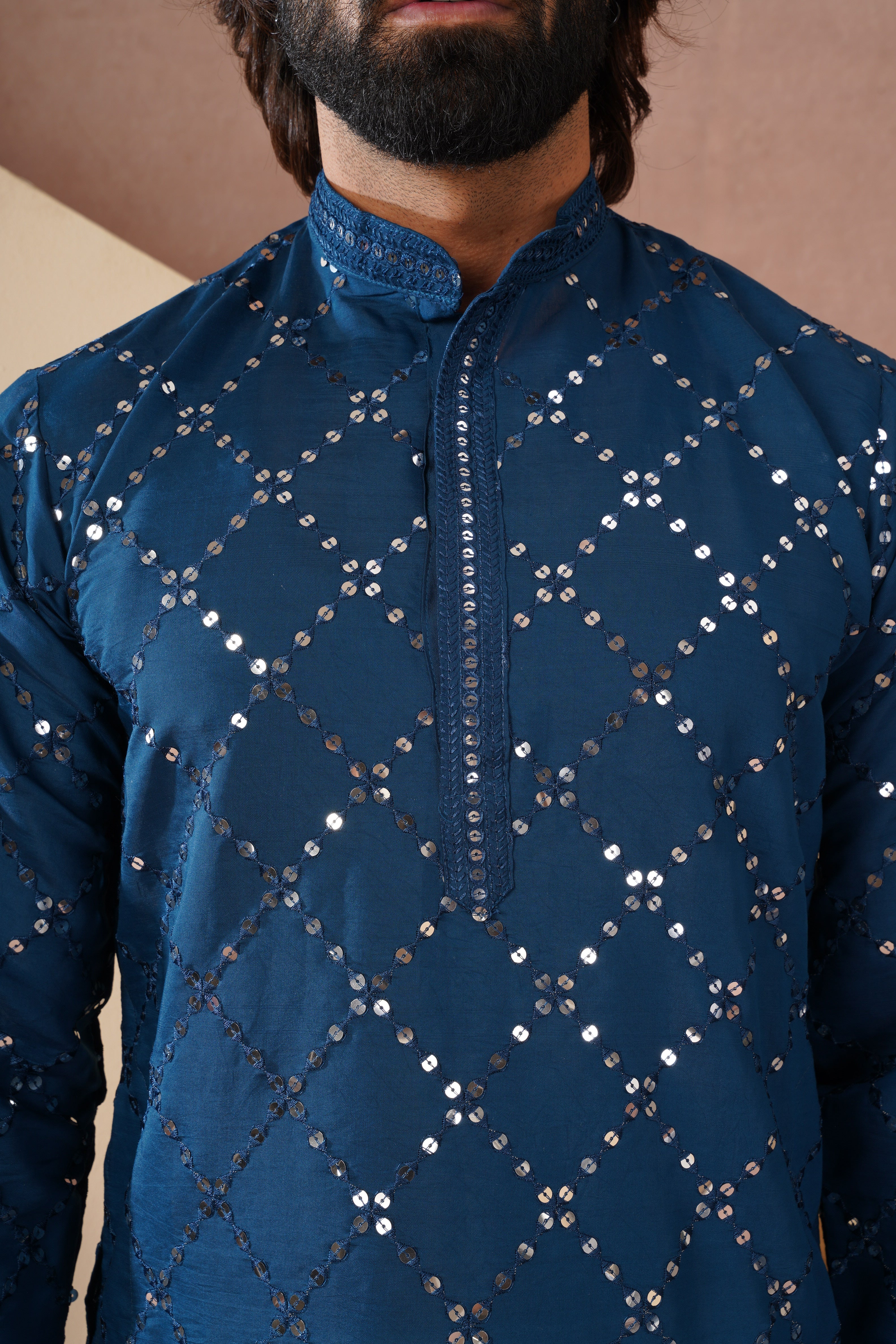 Riwaayat Sapphire Blue Sequin Embroidered Kurta Set for Men