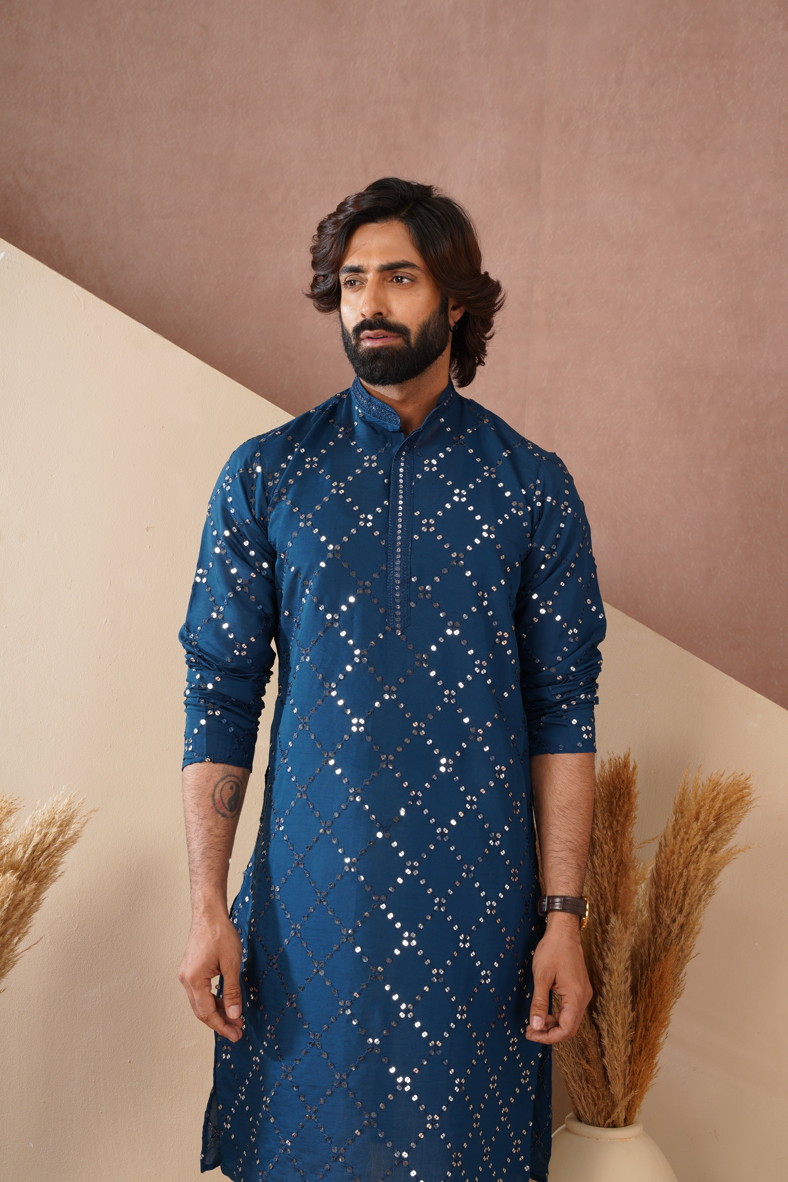 Riwaayat Sapphire Blue Sequin Embroidered Kurta Set for Men