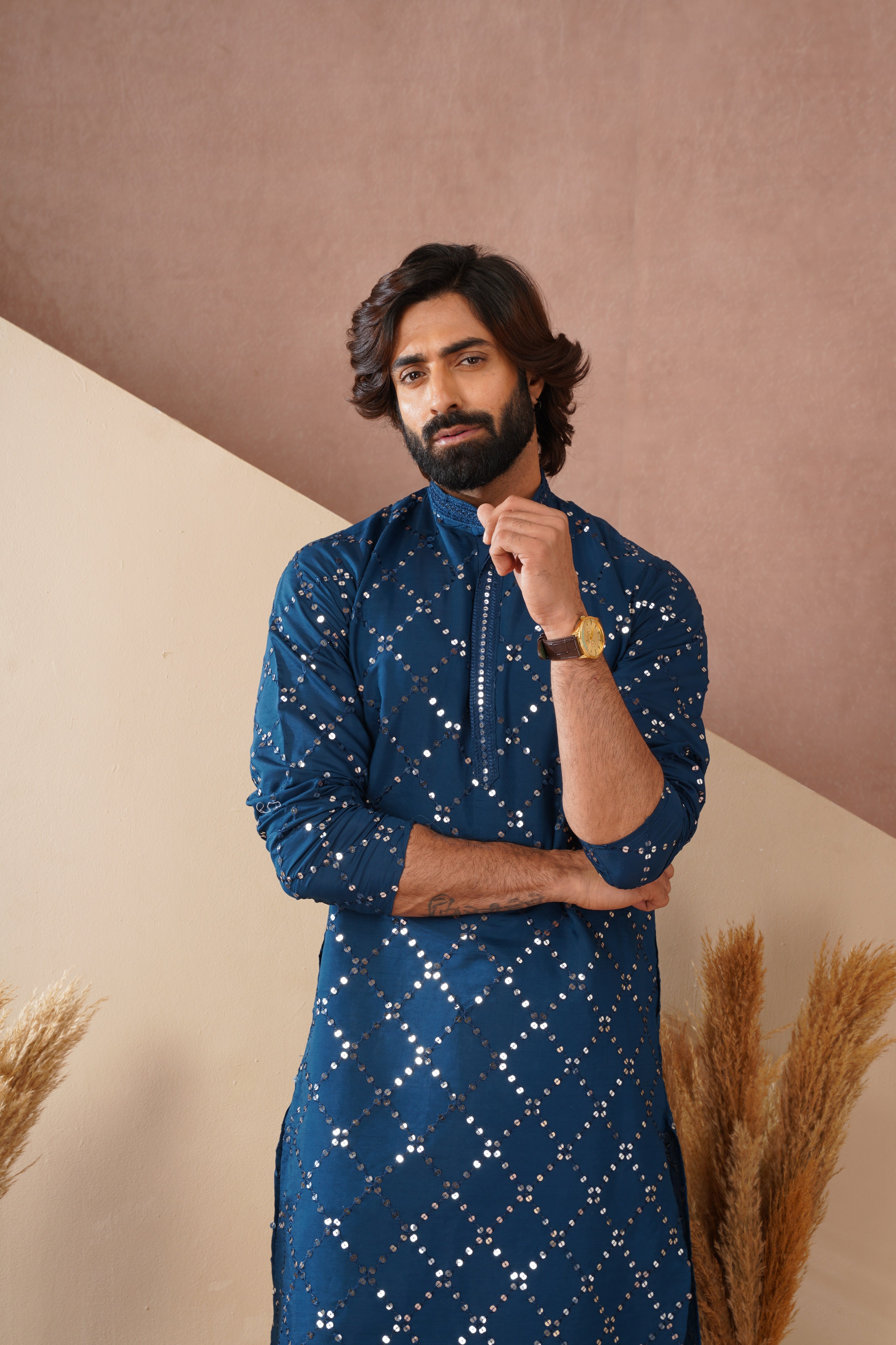 Riwaayat Sapphire Blue Sequin Embroidered Kurta Set for Men