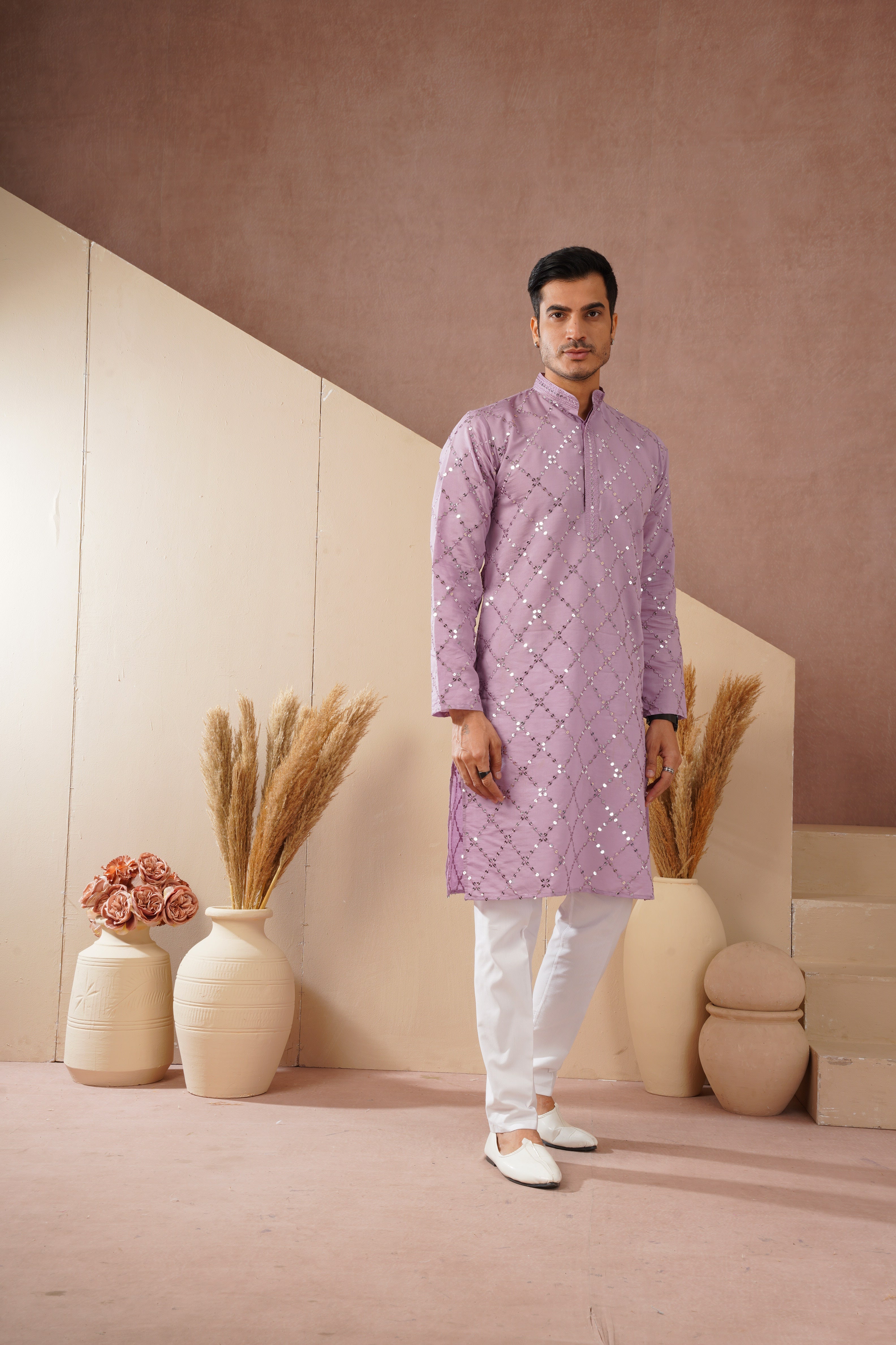 Riwaayat Lavender Sequin Embroidered Kurta Set for Men