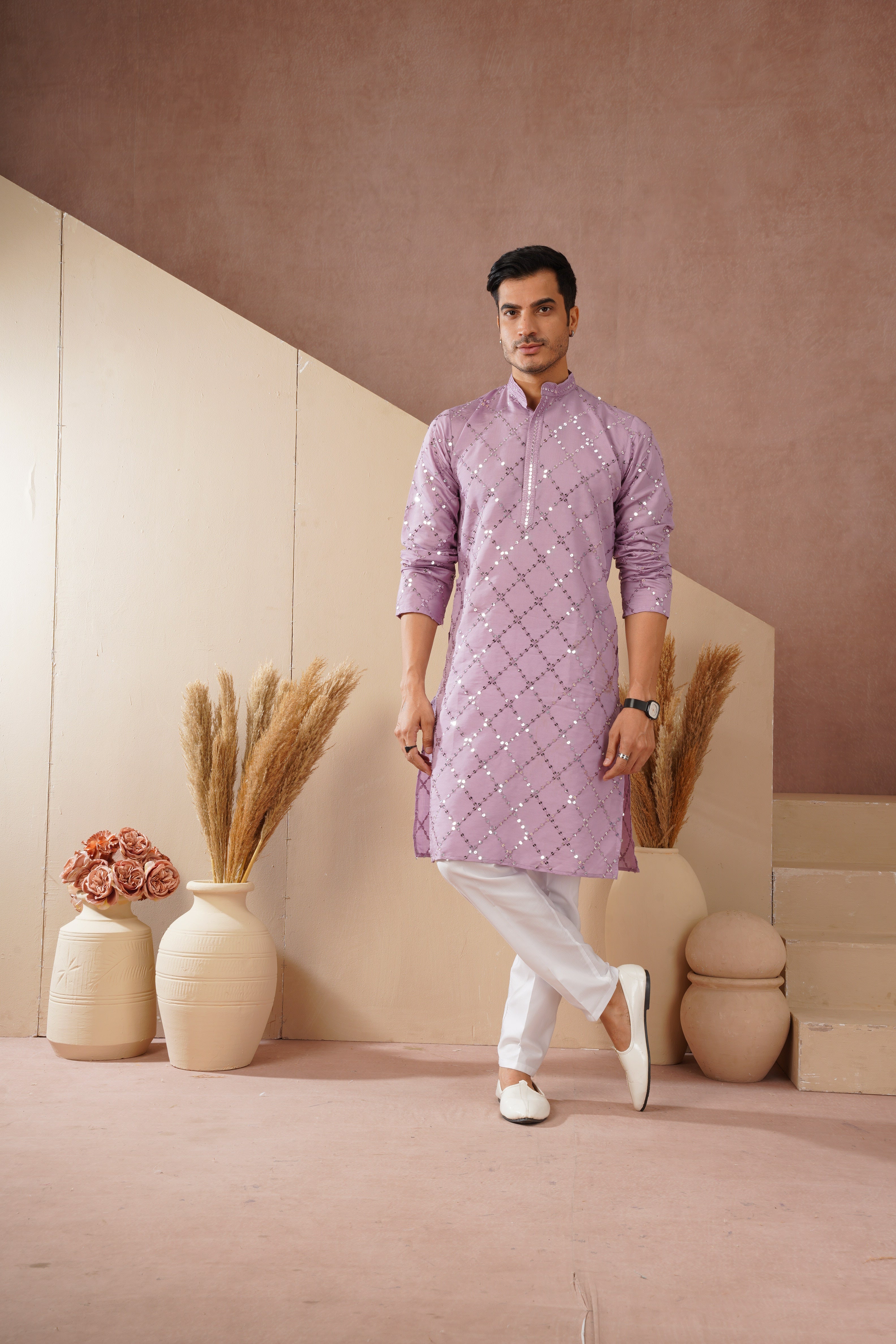 Riwaayat Lavender Sequin Embroidered Kurta Set for Men