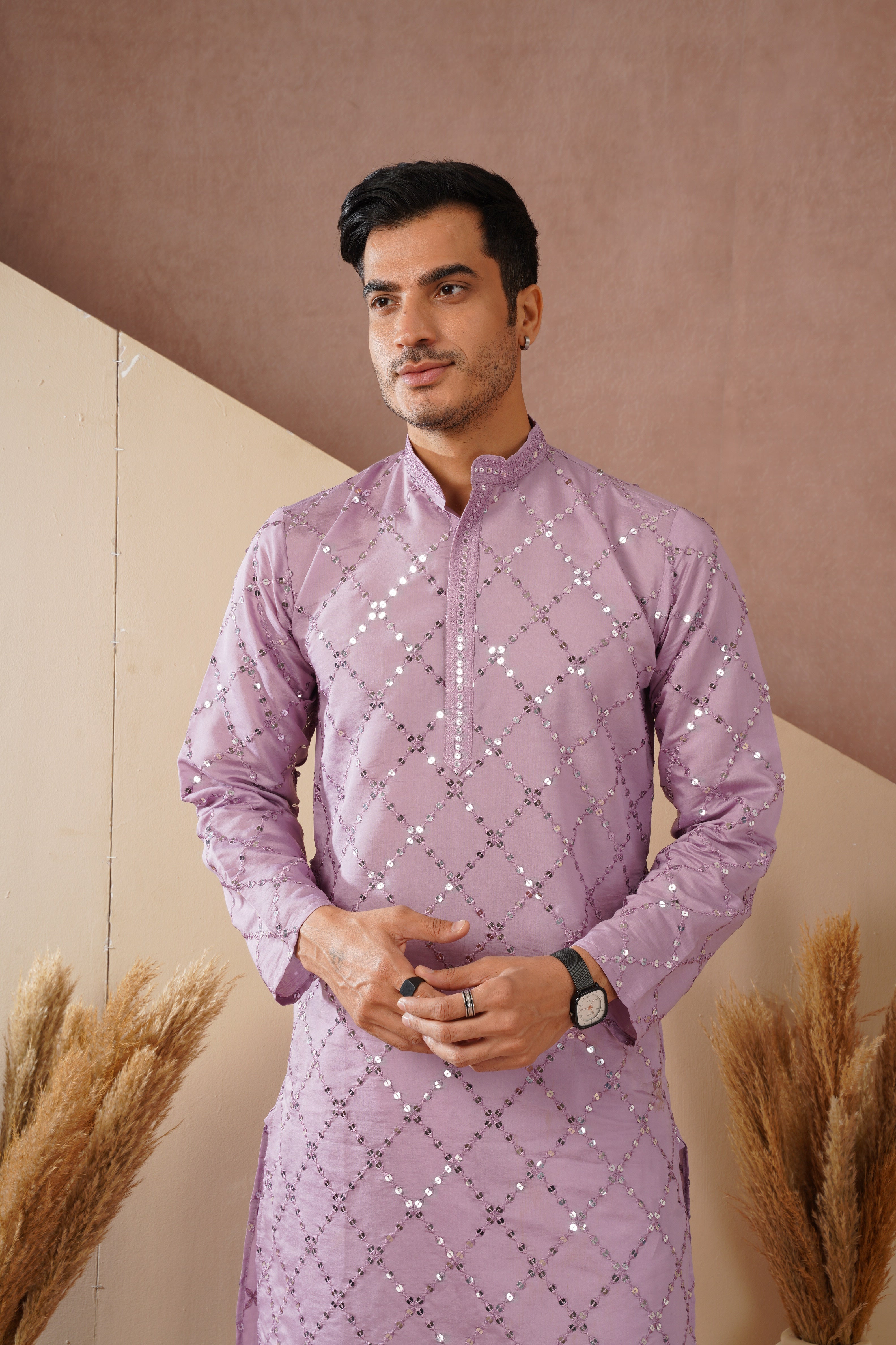 Riwaayat Lavender Sequin Embroidered Kurta Set for Men
