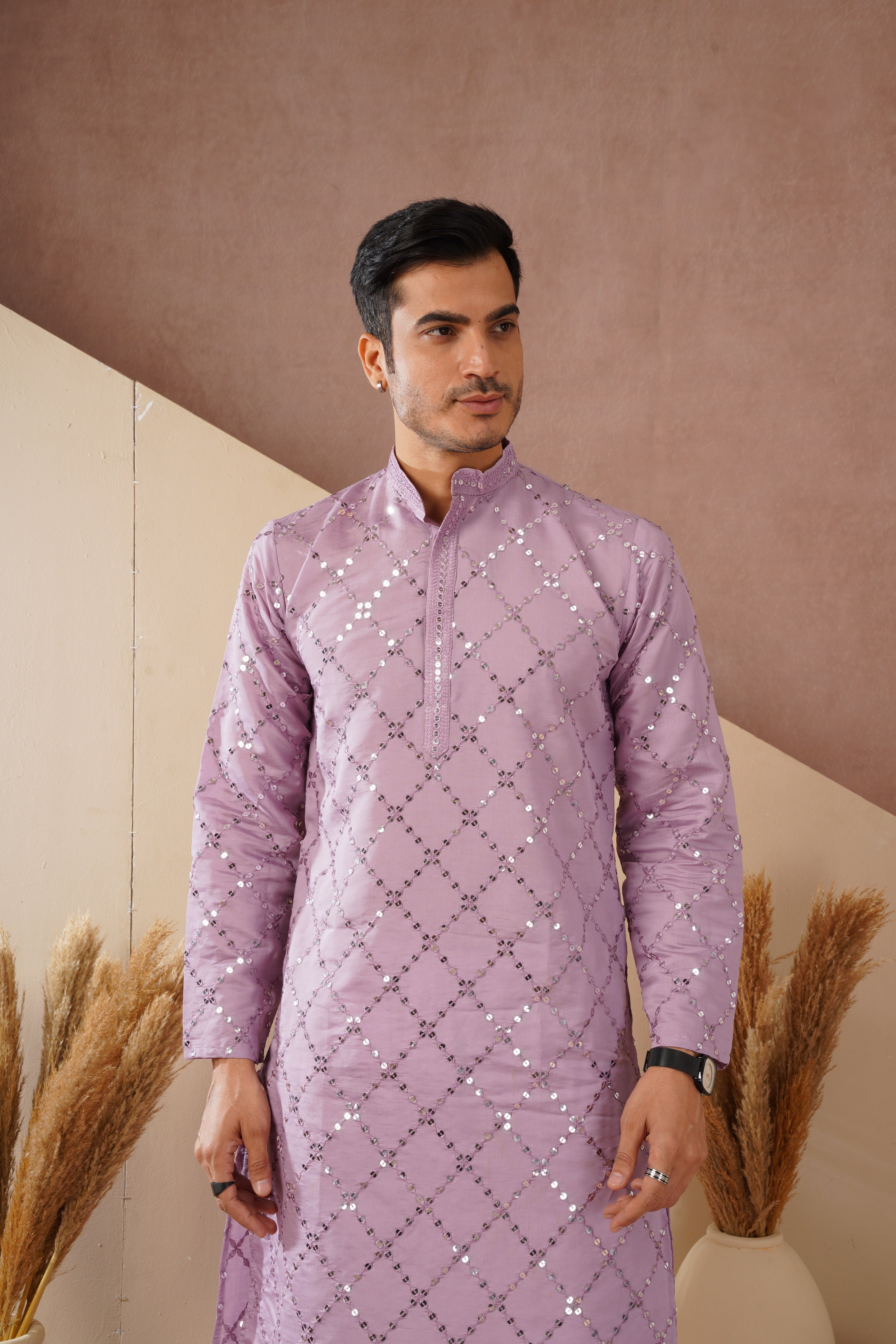 Riwaayat Lavender Sequin Embroidered Kurta Set for Men