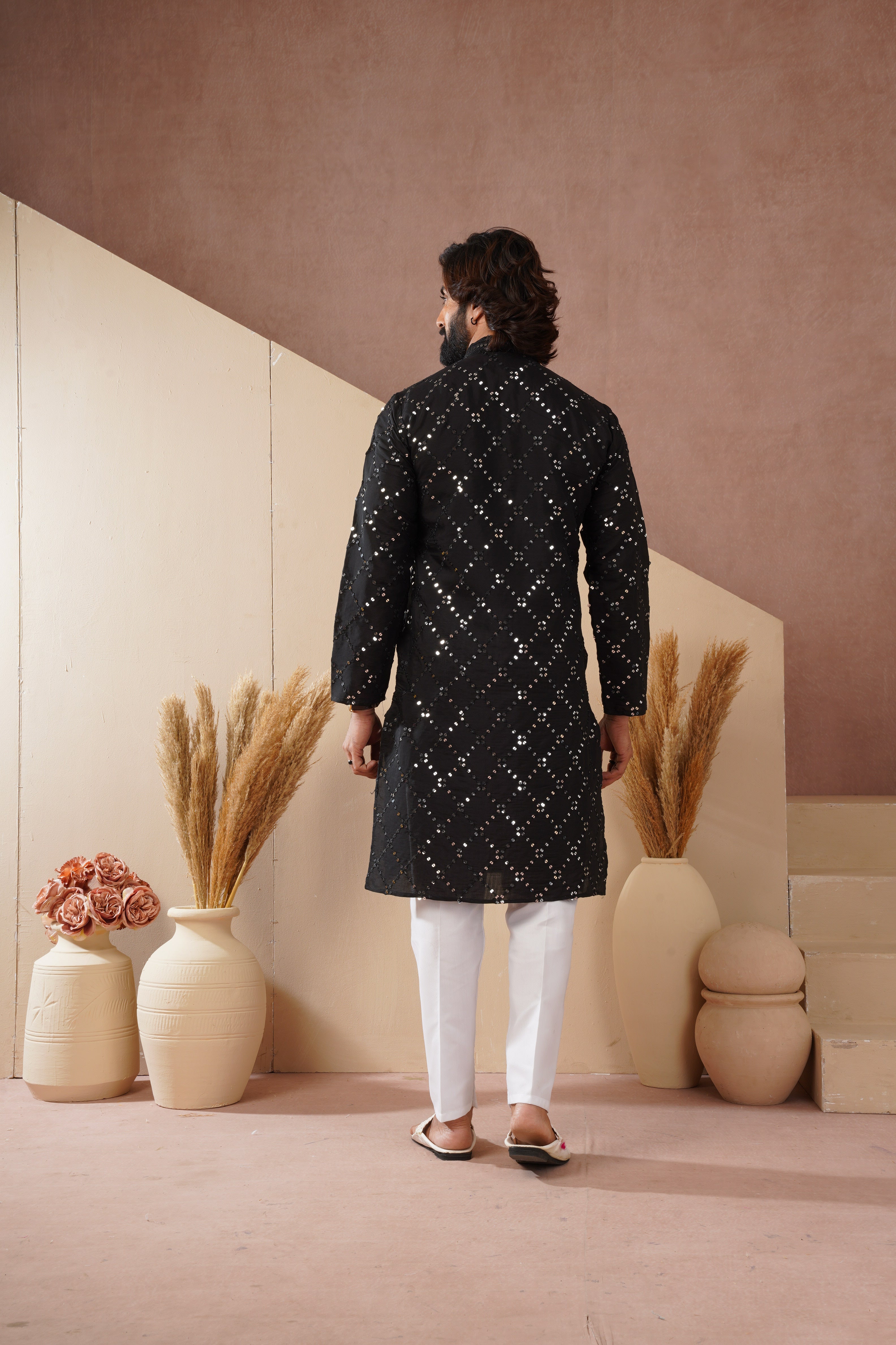 Riwaayat Black Sequin Embroidered Kurta Set for Men