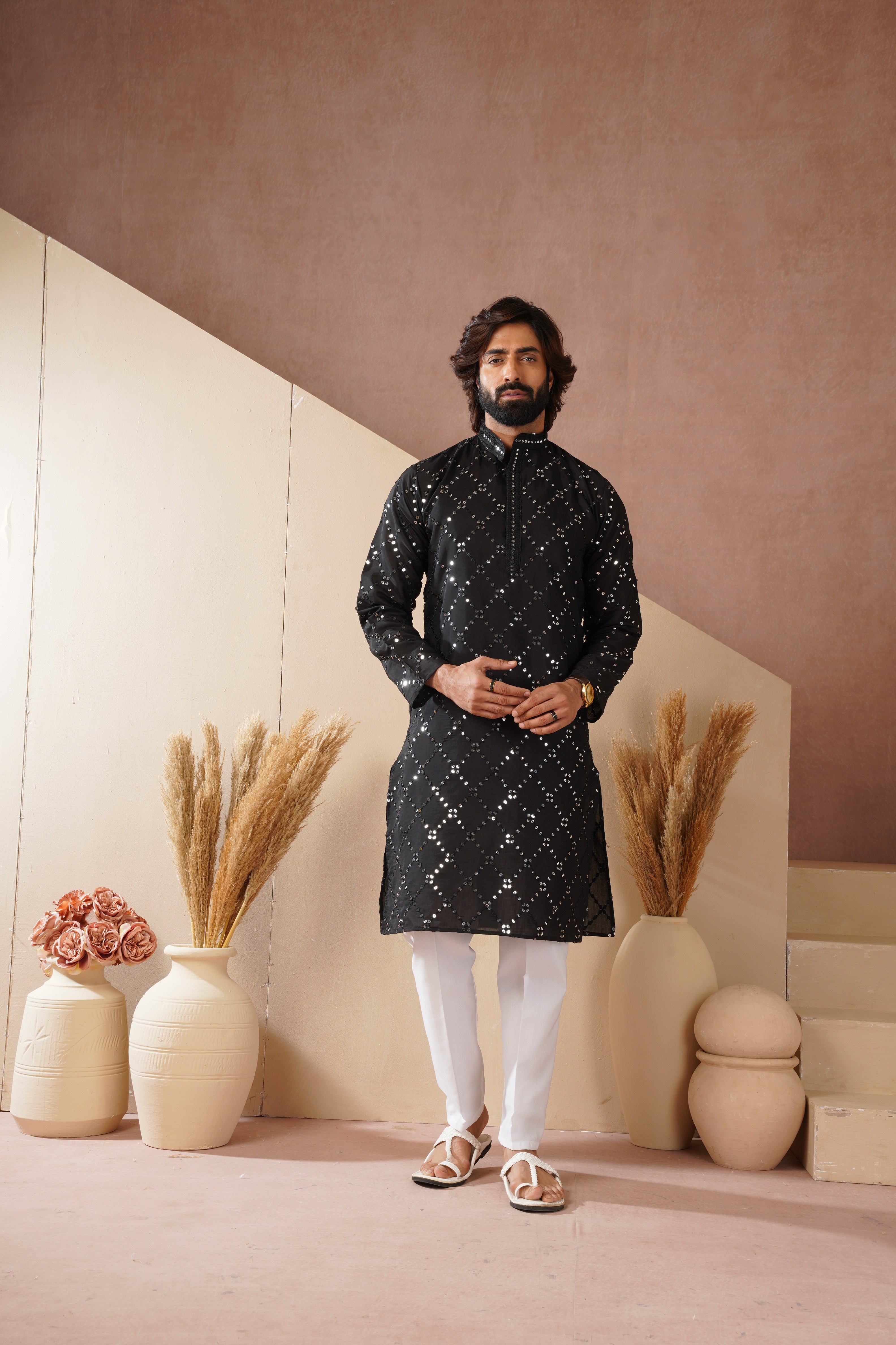 Riwaayat Black Sequin Embroidered Kurta Set for Men