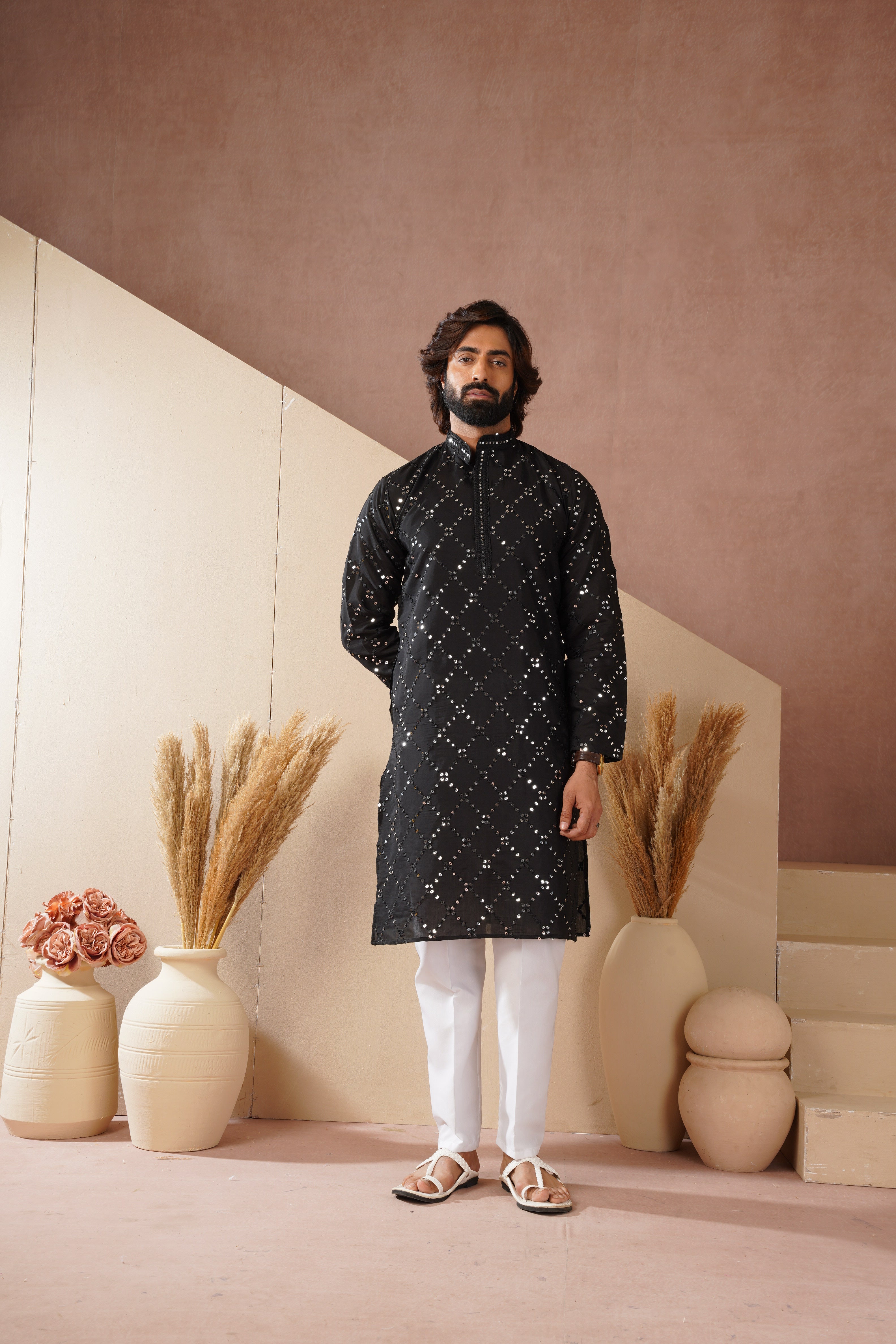 Riwaayat Black Sequin Embroidered Kurta Set for Men