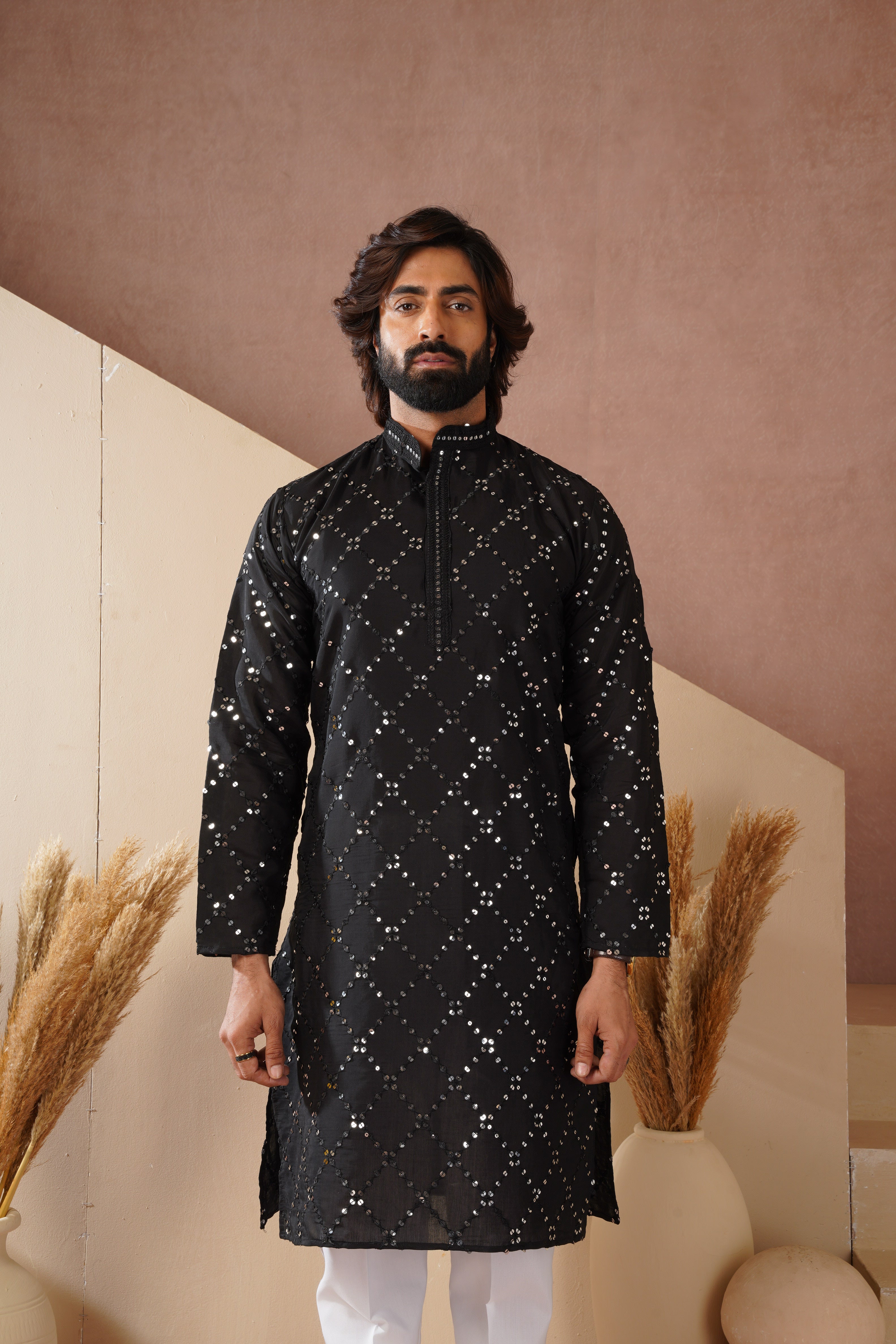 Riwaayat Black Sequin Embroidered Kurta Set for Men