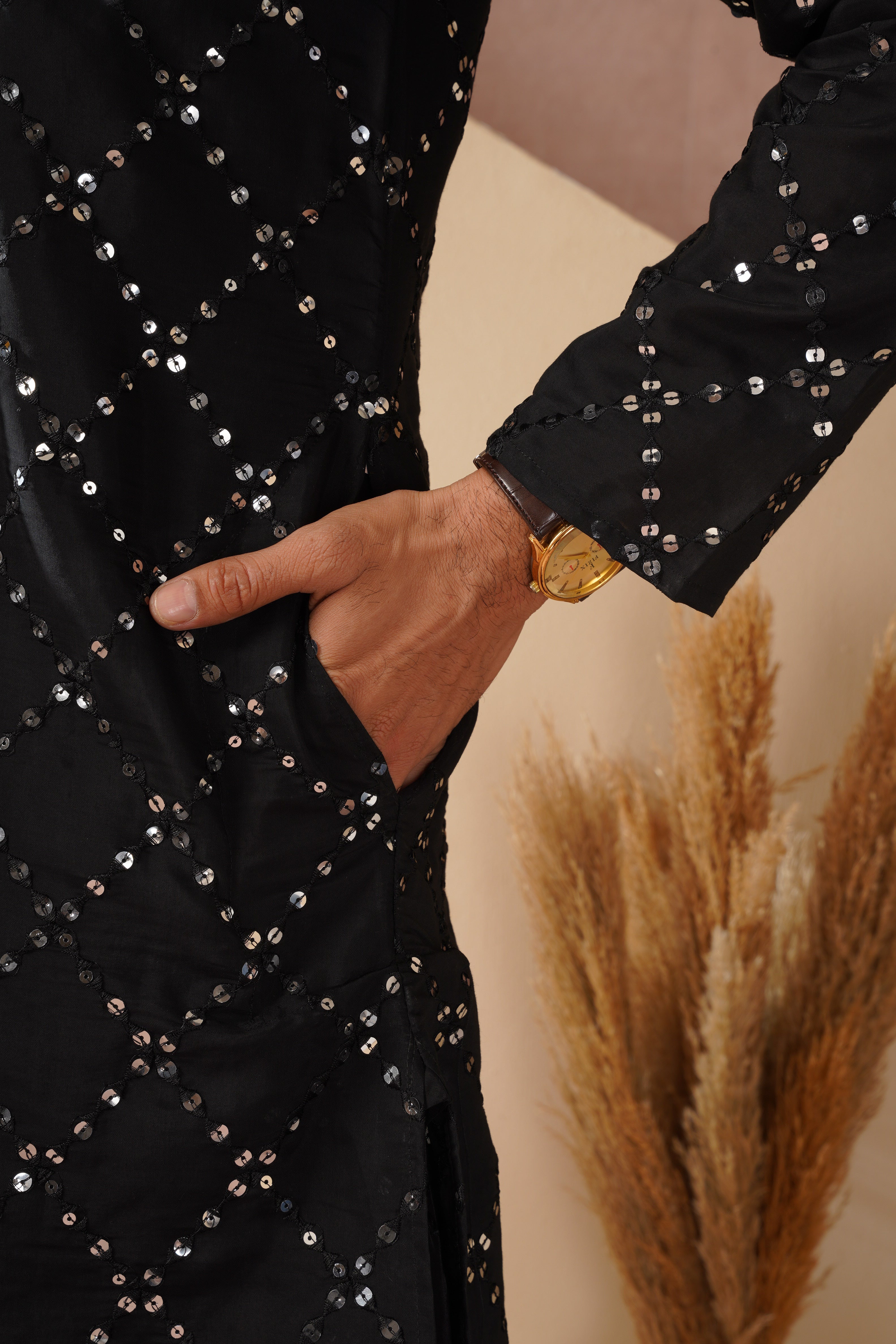Riwaayat Black Sequin Embroidered Kurta Set for Men