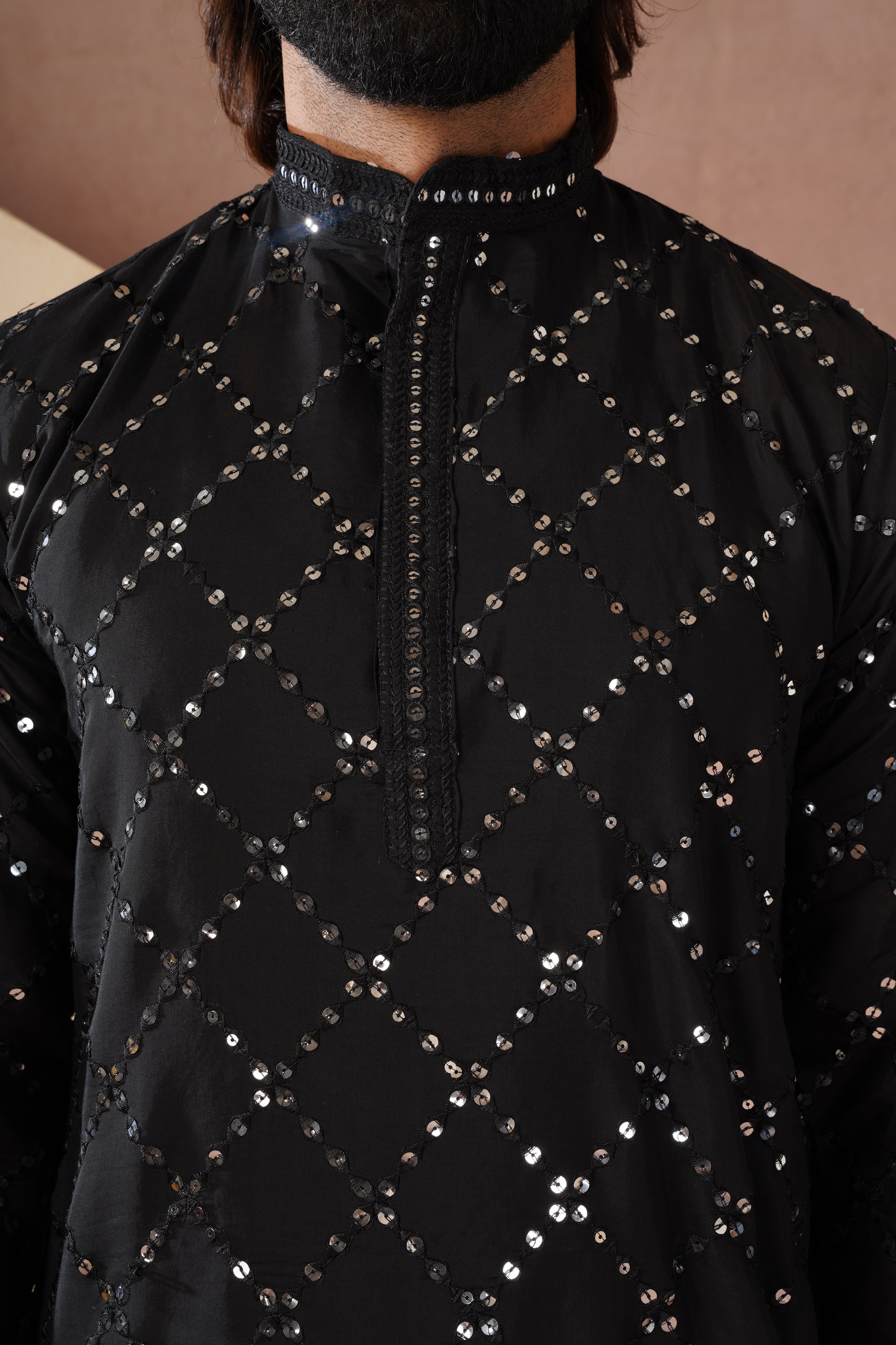 Riwaayat Black Sequin Embroidered Kurta Set for Men