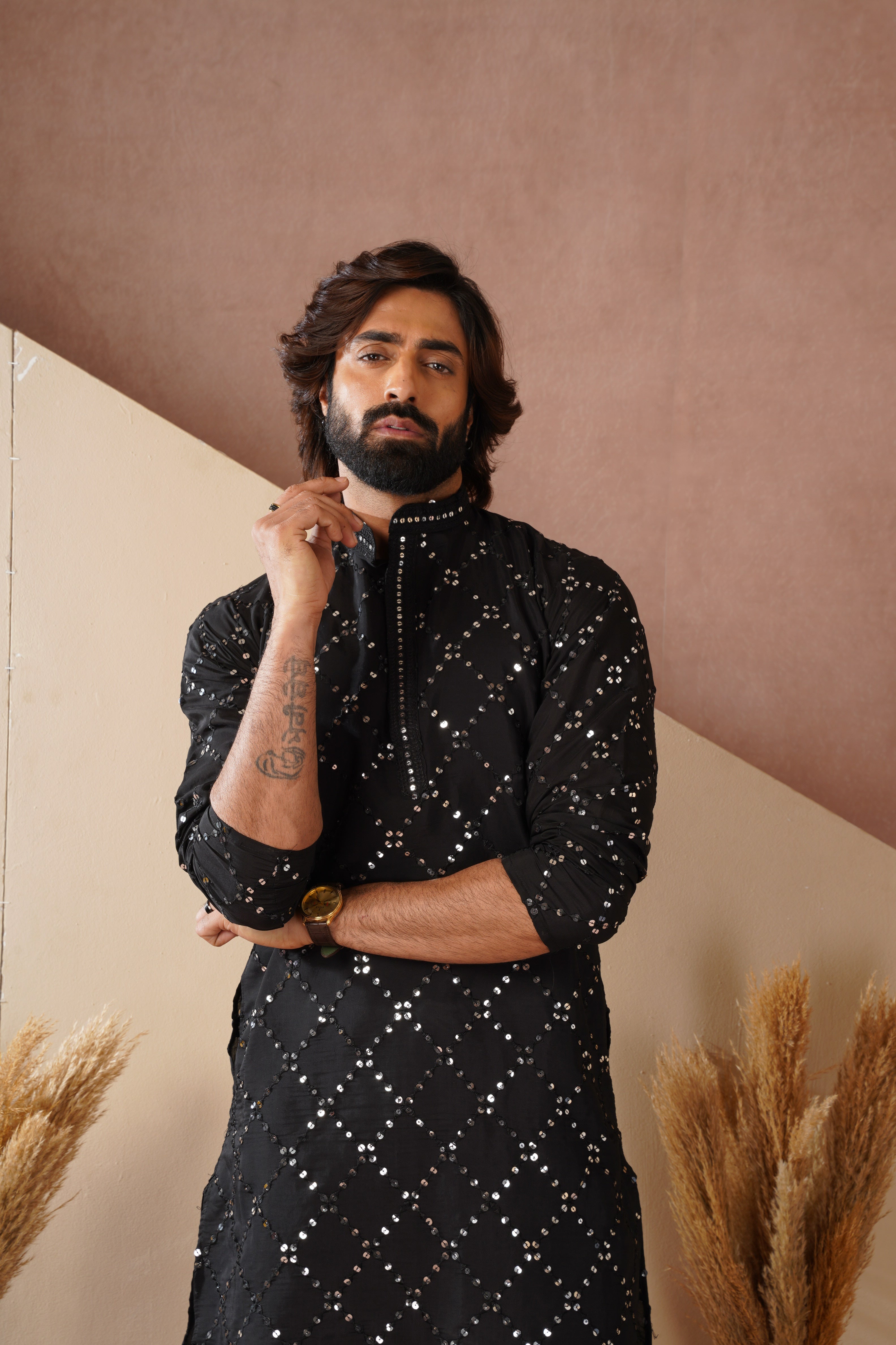 Riwaayat Black Sequin Embroidered Kurta Set for Men