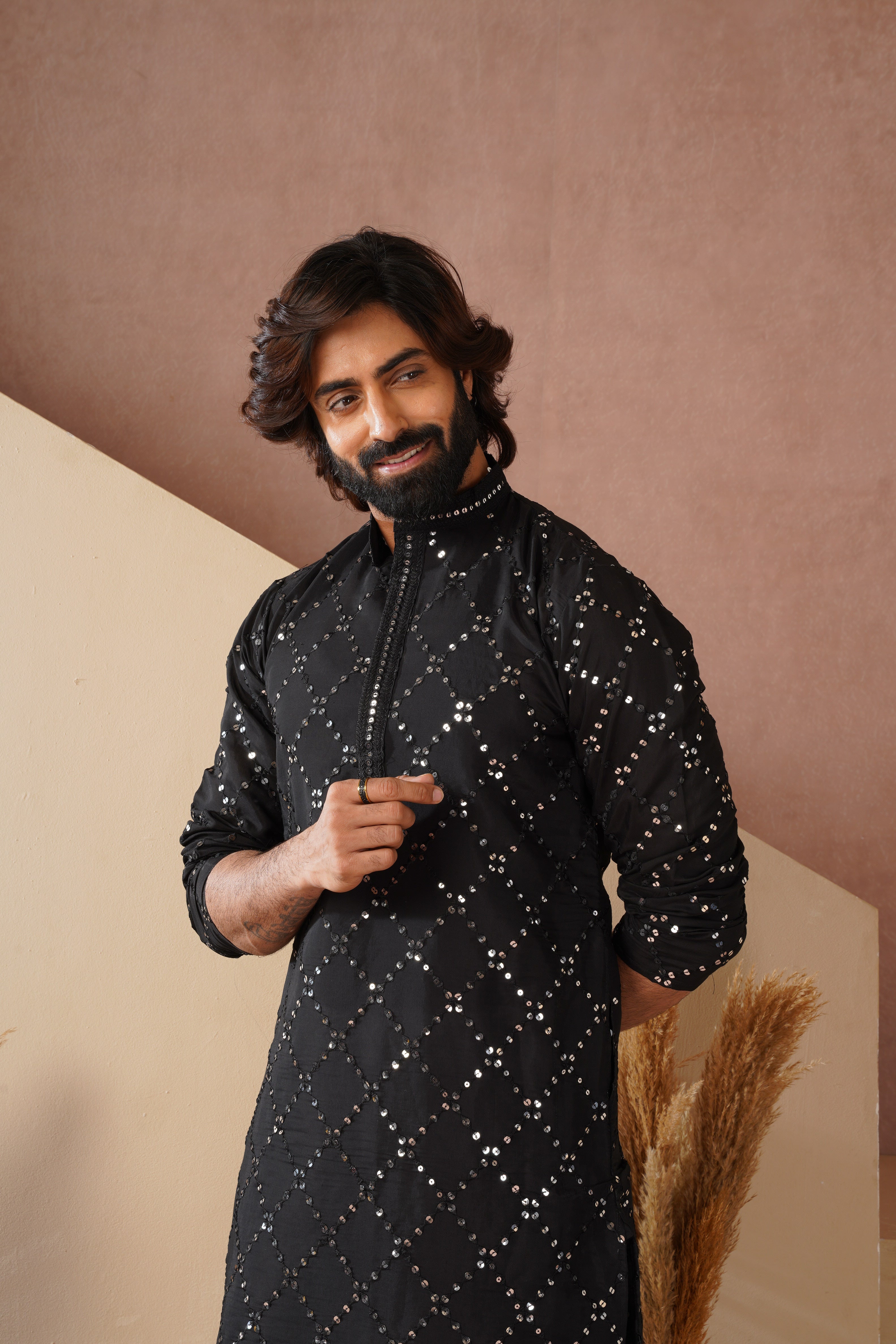 Riwaayat Black Sequin Embroidered Kurta Set for Men