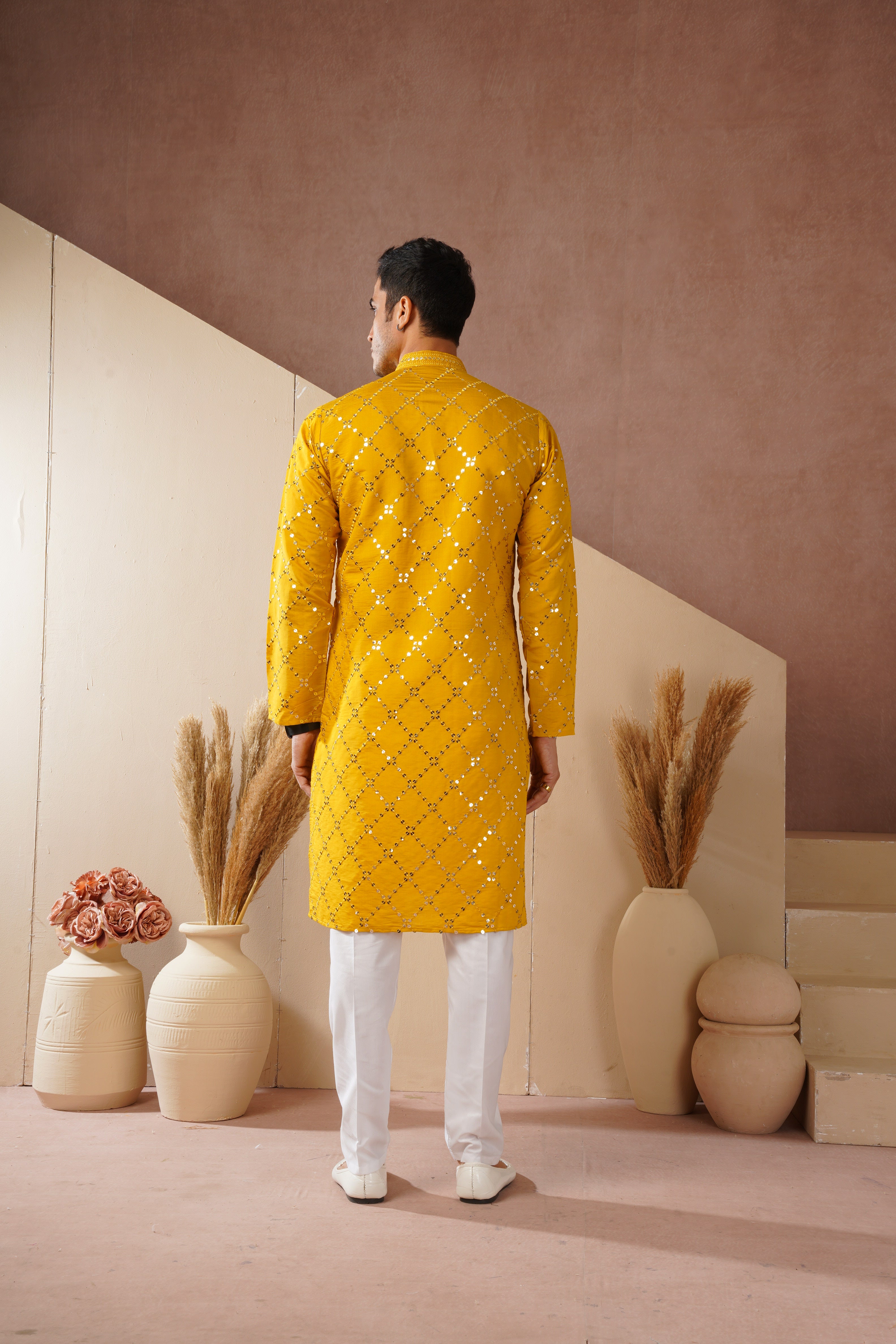 Riwaayat Yellow Sequin Embroidered Kurta Set for Men