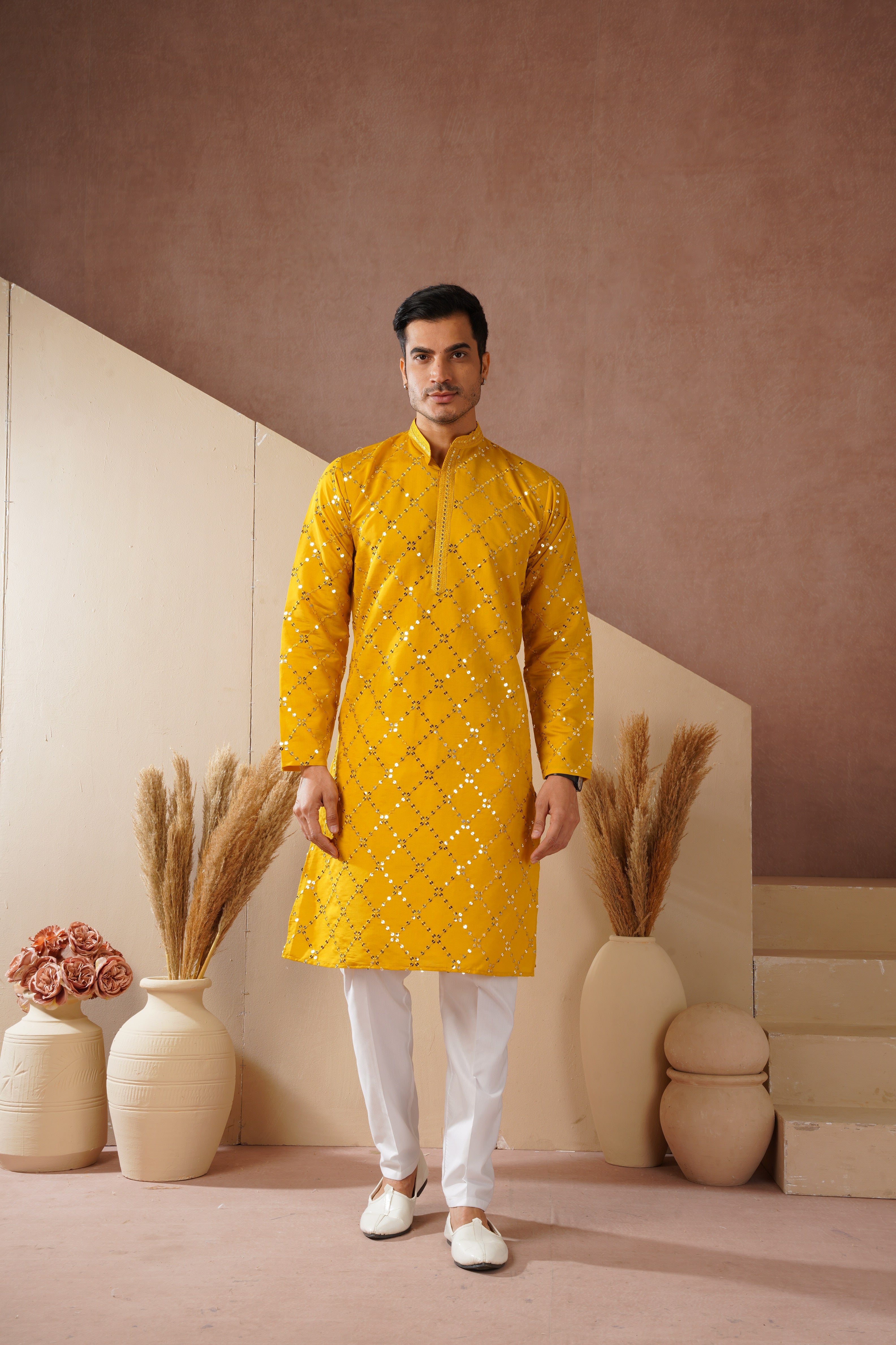 Riwaayat Yellow Sequin Embroidered Kurta Set for Men