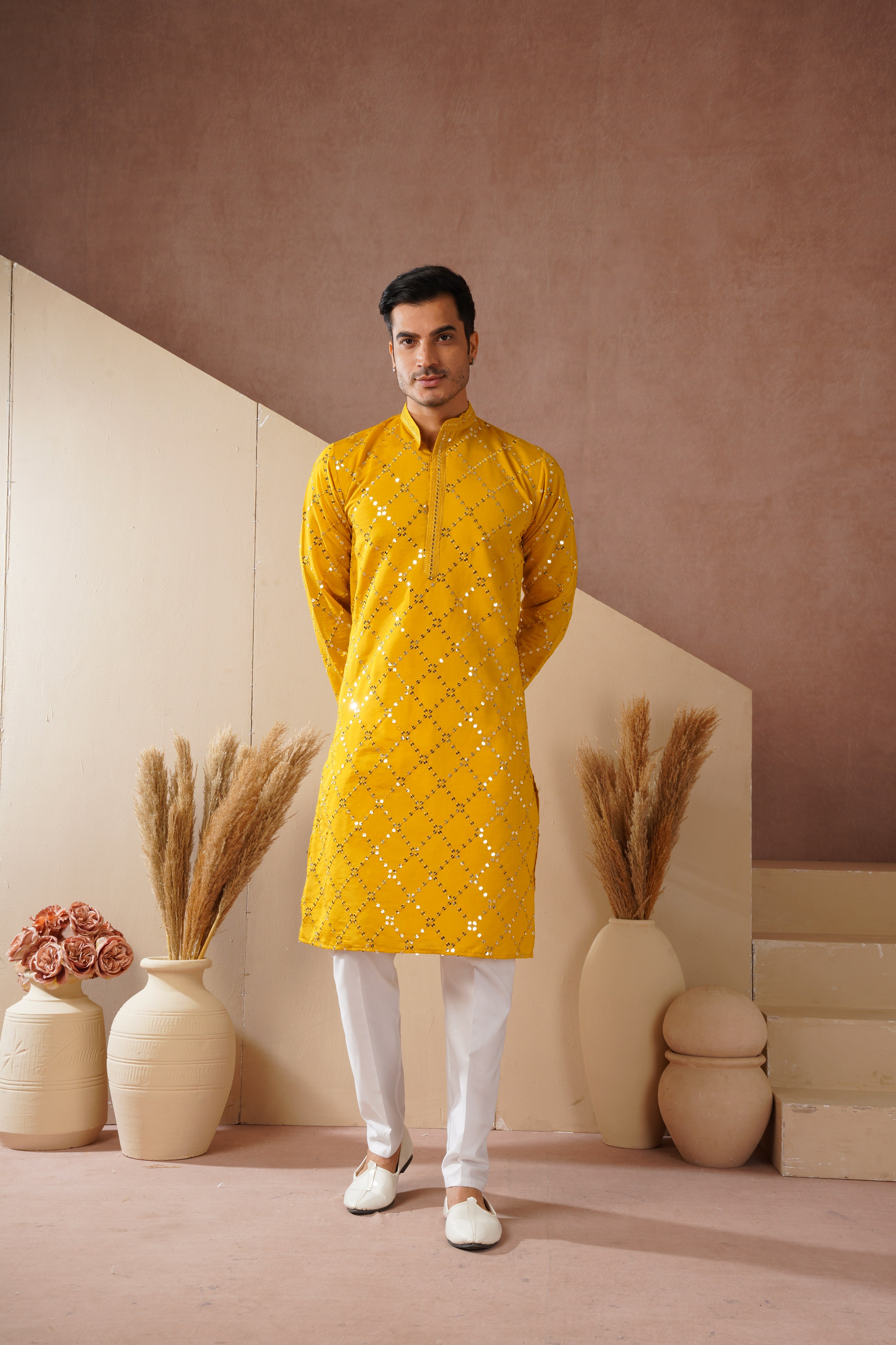 Riwaayat Yellow Sequin Embroidered Kurta Set for Men