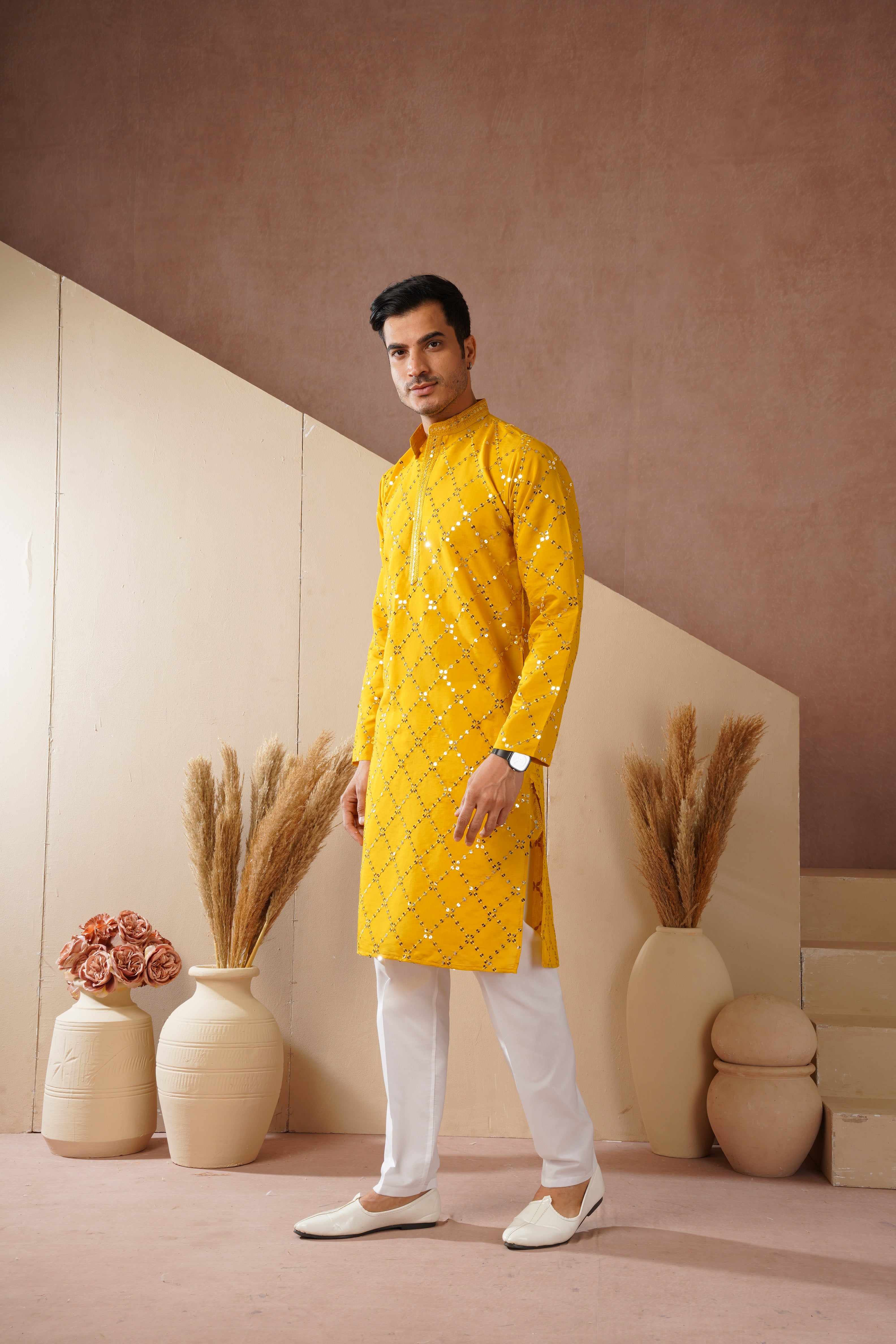 Riwaayat Yellow Sequin Embroidered Kurta Set for Men