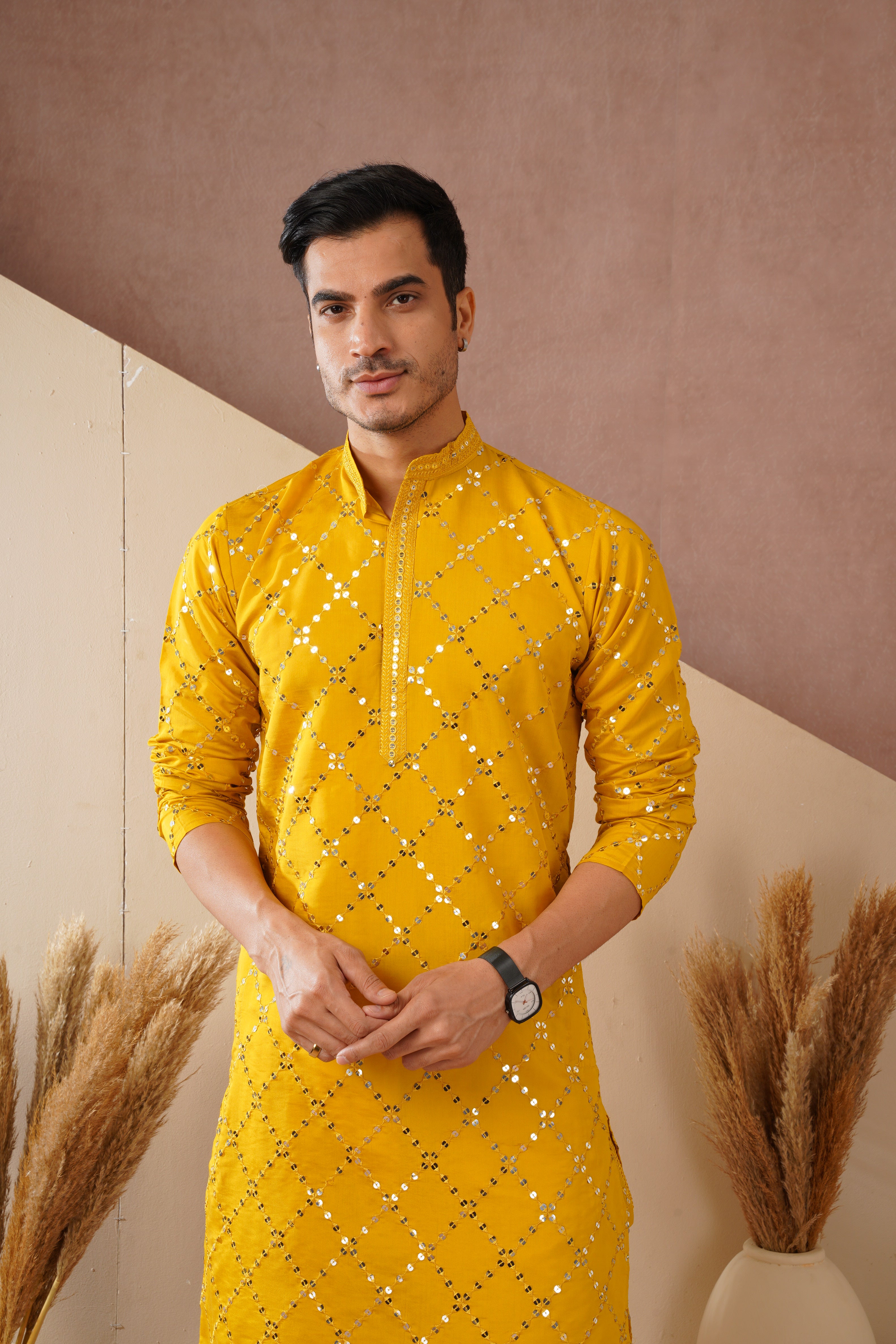 Riwaayat Yellow Sequin Embroidered Kurta Set for Men