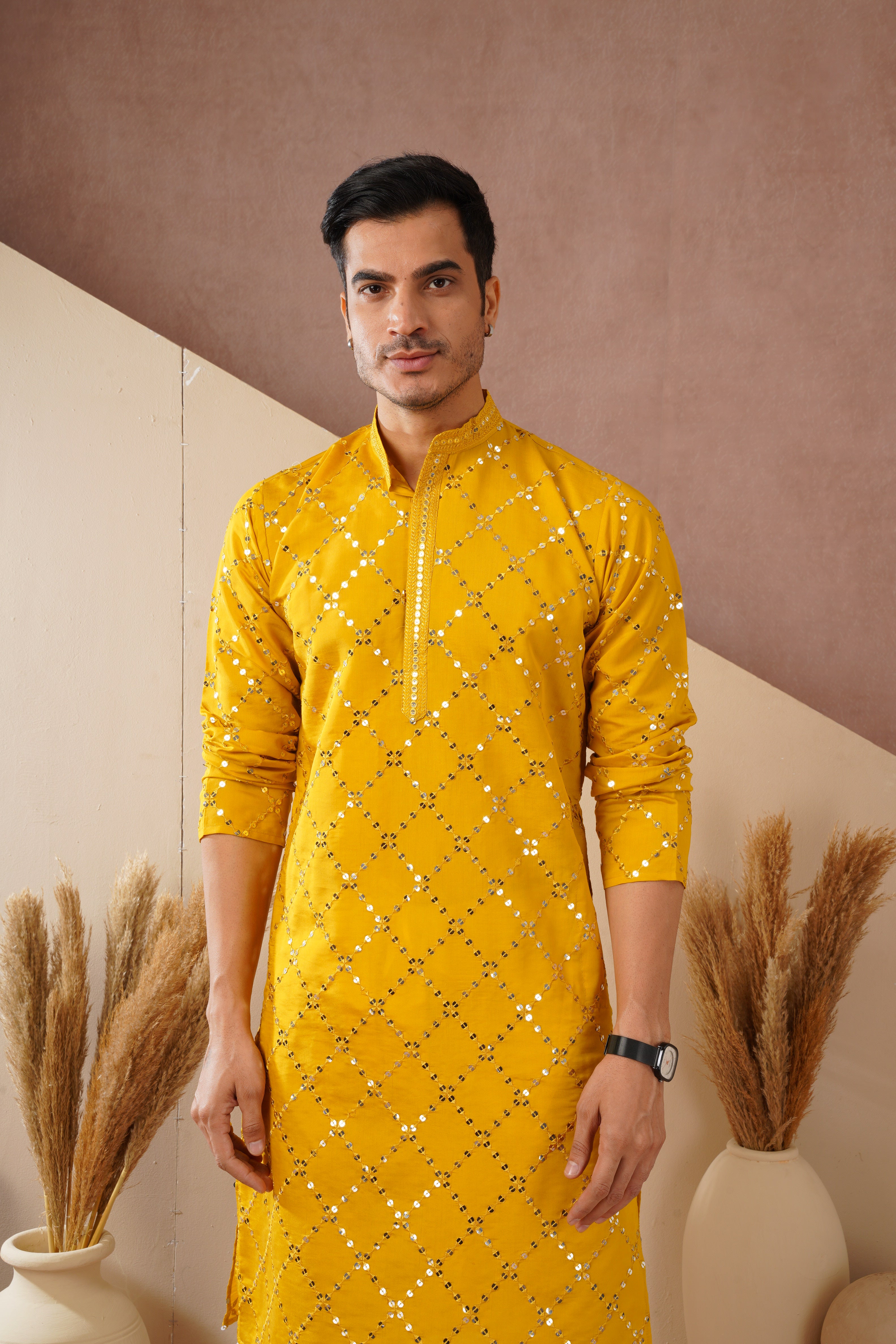 Riwaayat Yellow Sequin Embroidered Kurta Set for Men