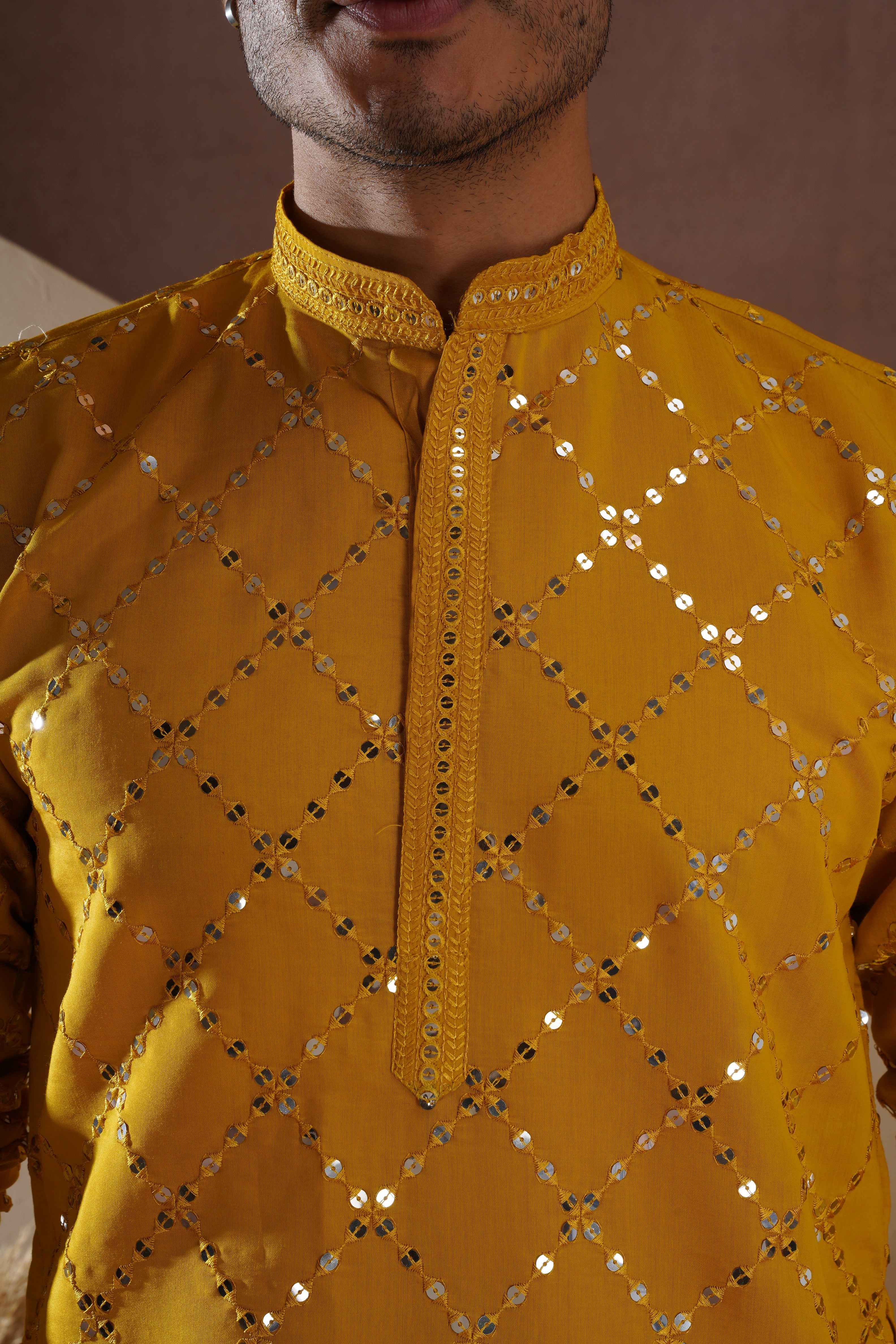 Riwaayat Yellow Sequin Embroidered Kurta Set for Men