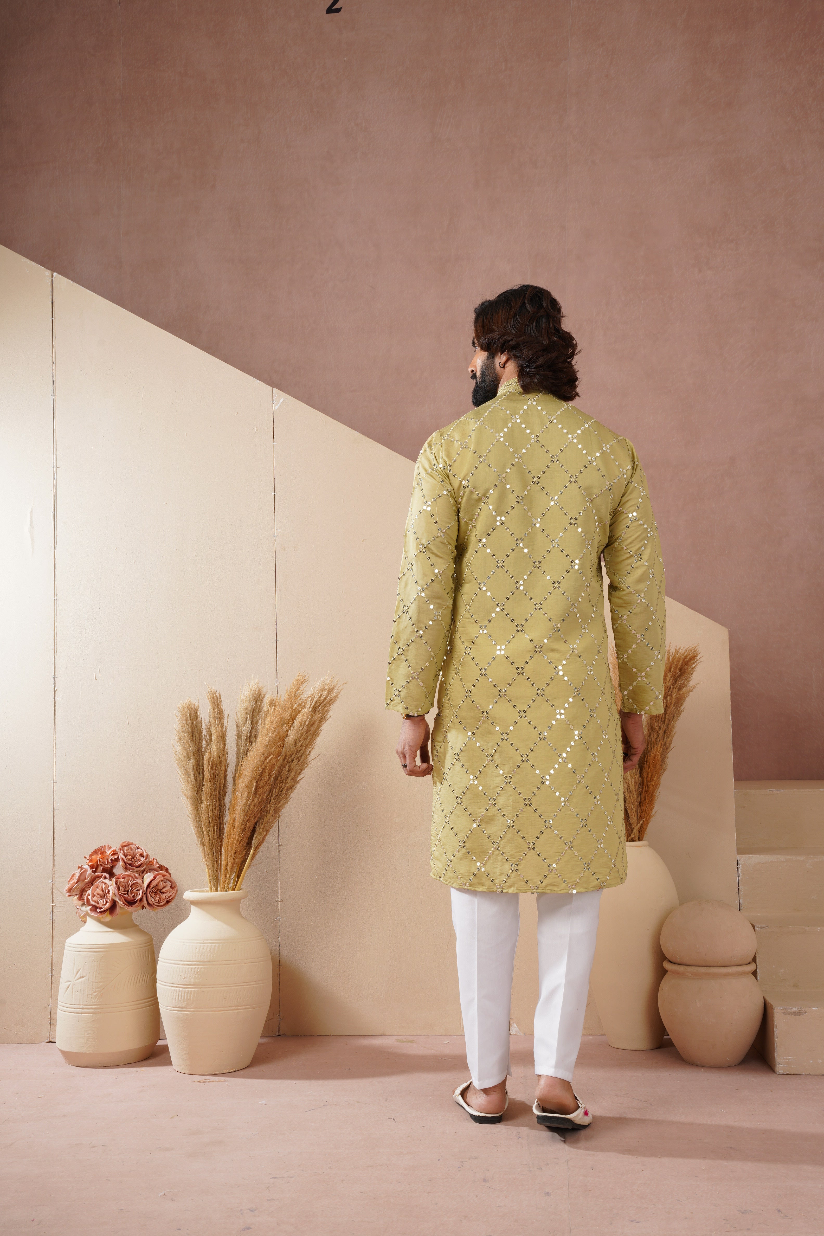 Riwaayat Lemon Sequin Embroidered Kurta Set for Men