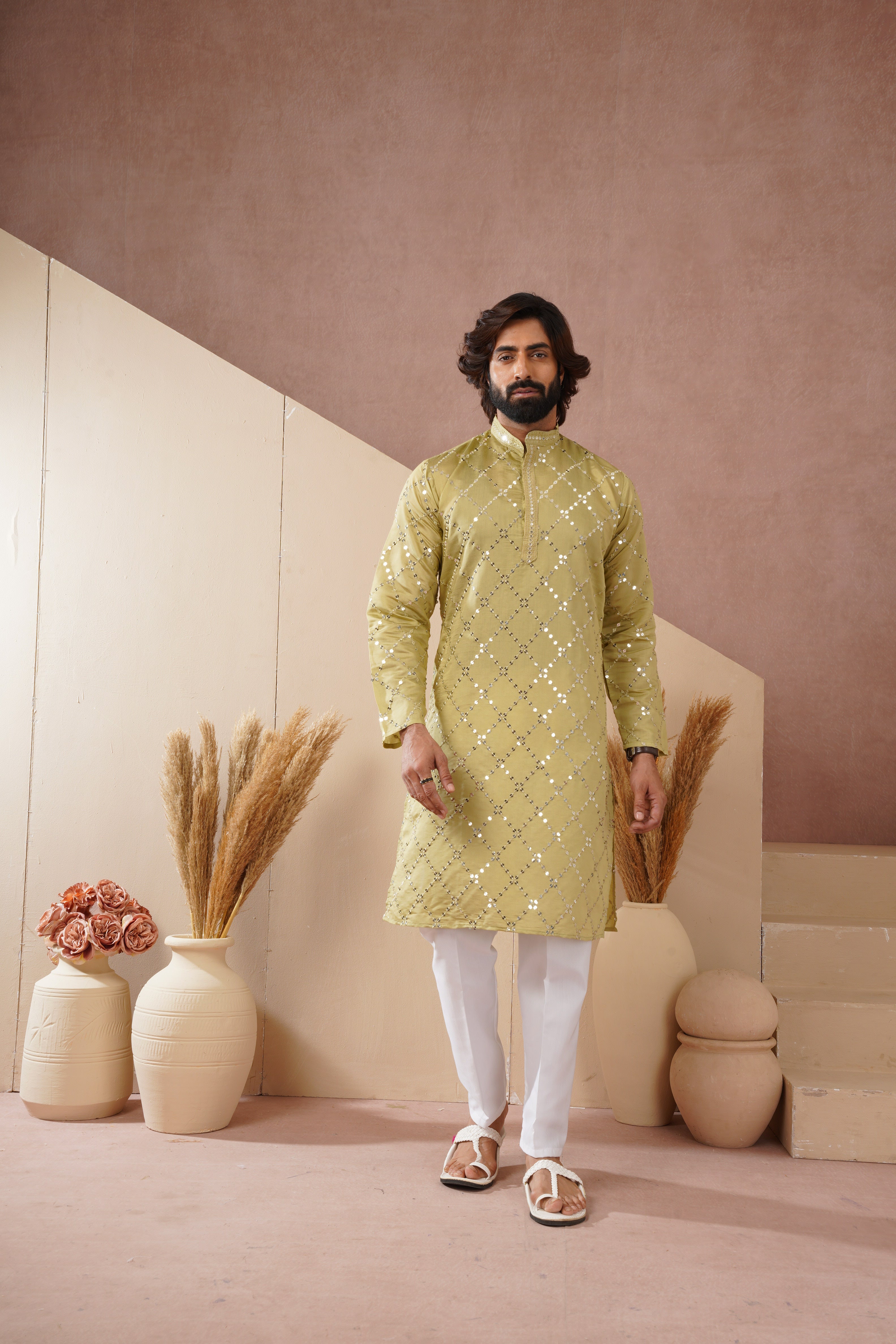 Riwaayat Lemon Sequin Embroidered Kurta Set for Men