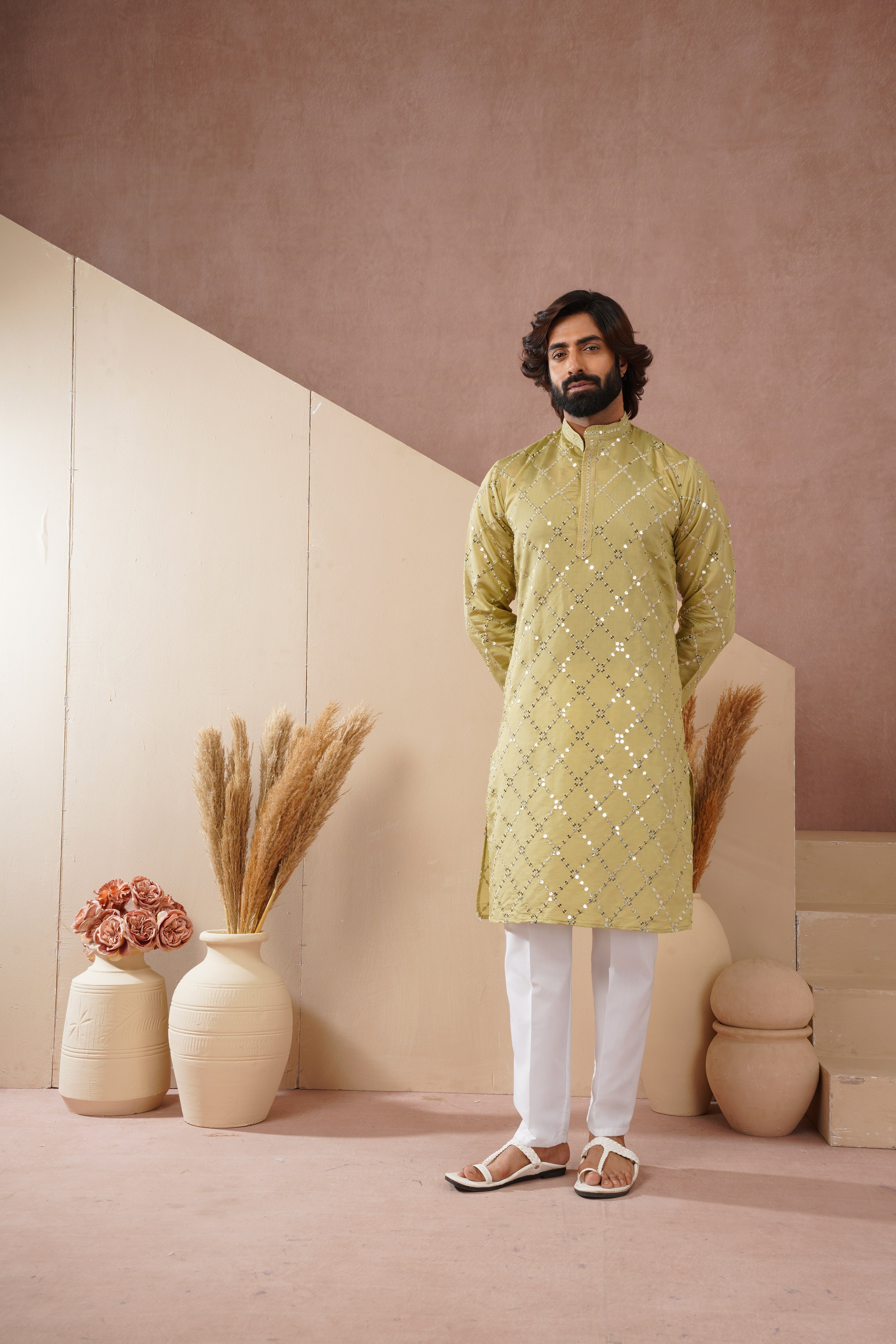 Riwaayat Lemon Sequin Embroidered Kurta Set for Men