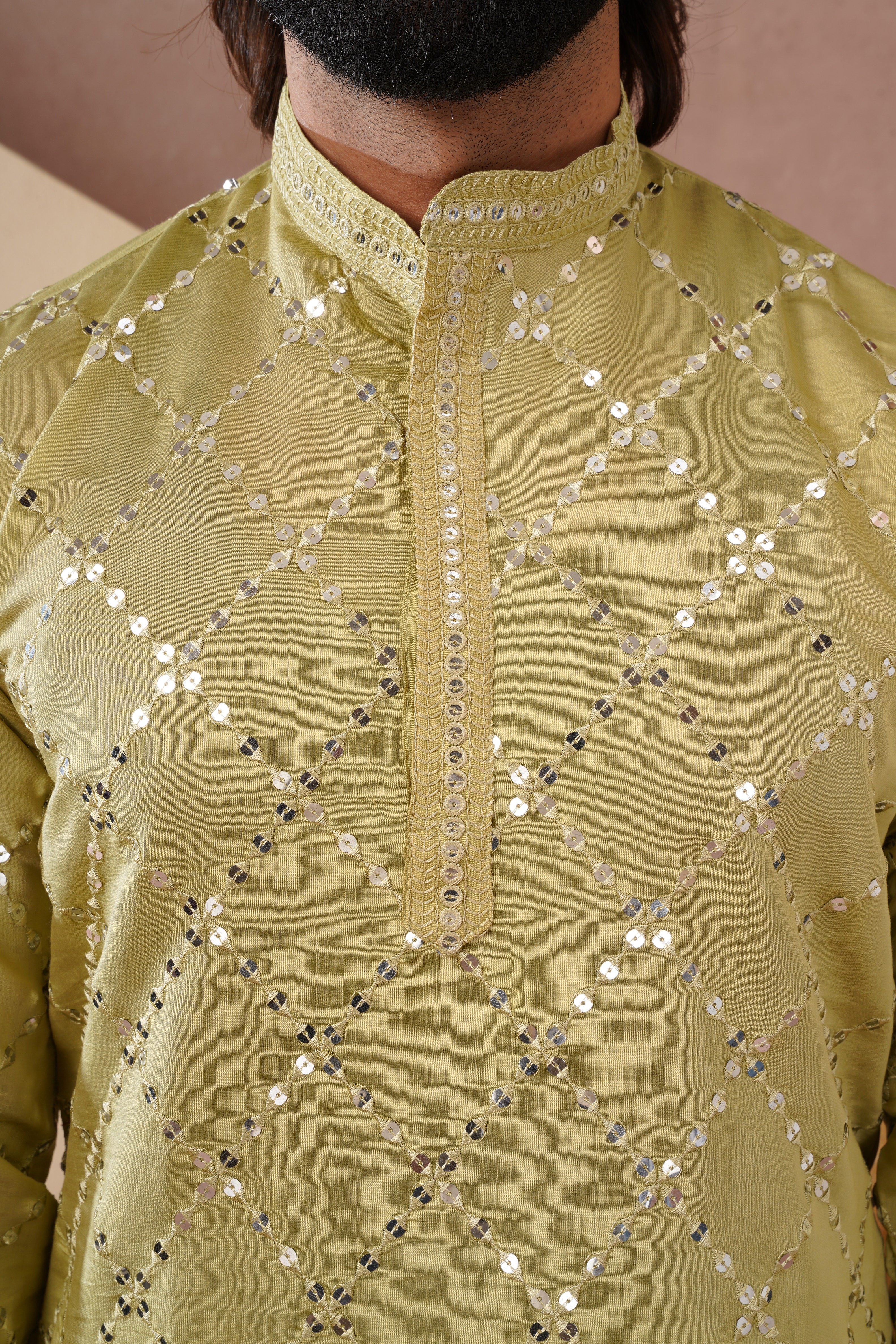 Riwaayat Lemon Sequin Embroidered Kurta Set for Men