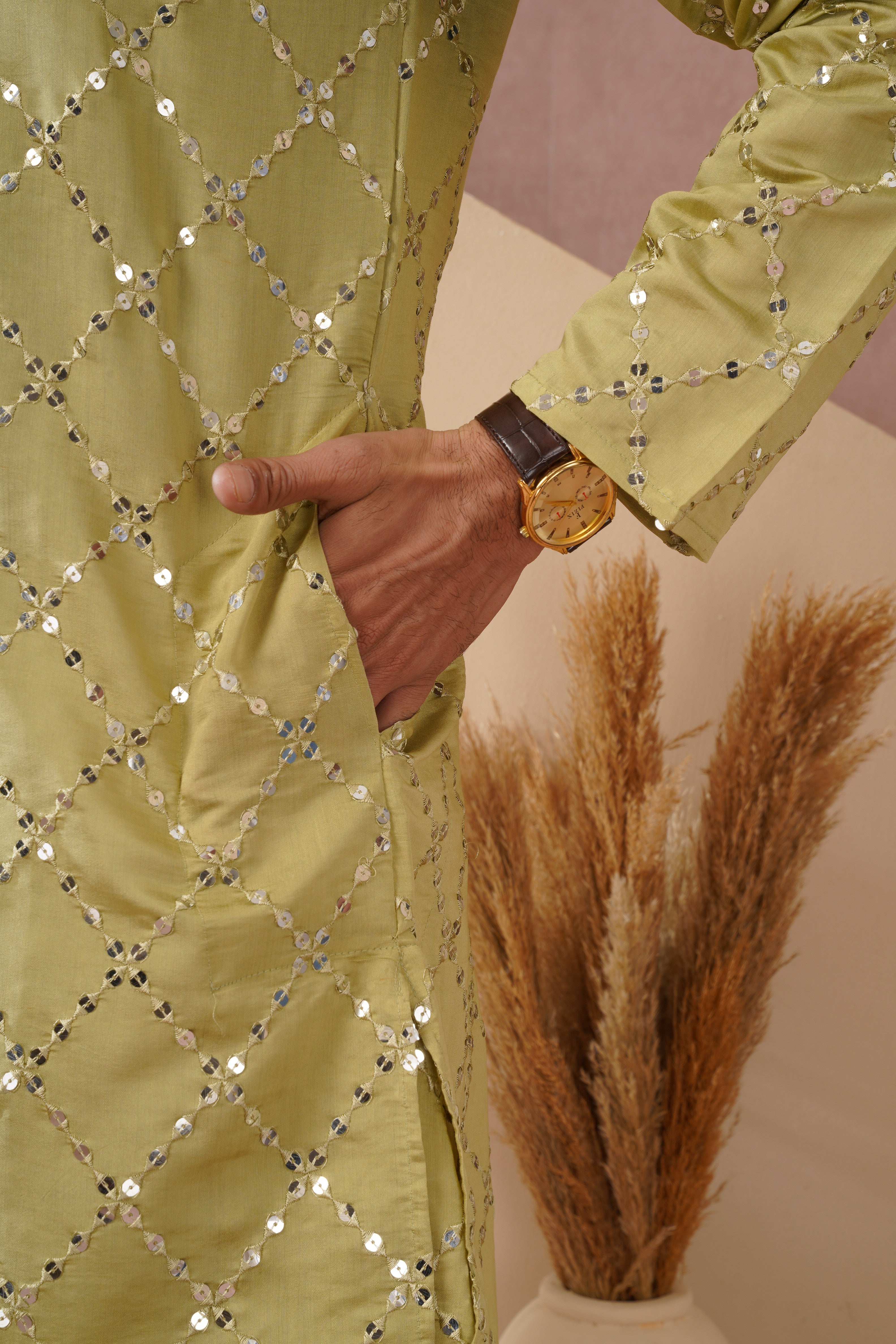 Riwaayat Lemon Sequin Embroidered Kurta Set for Men