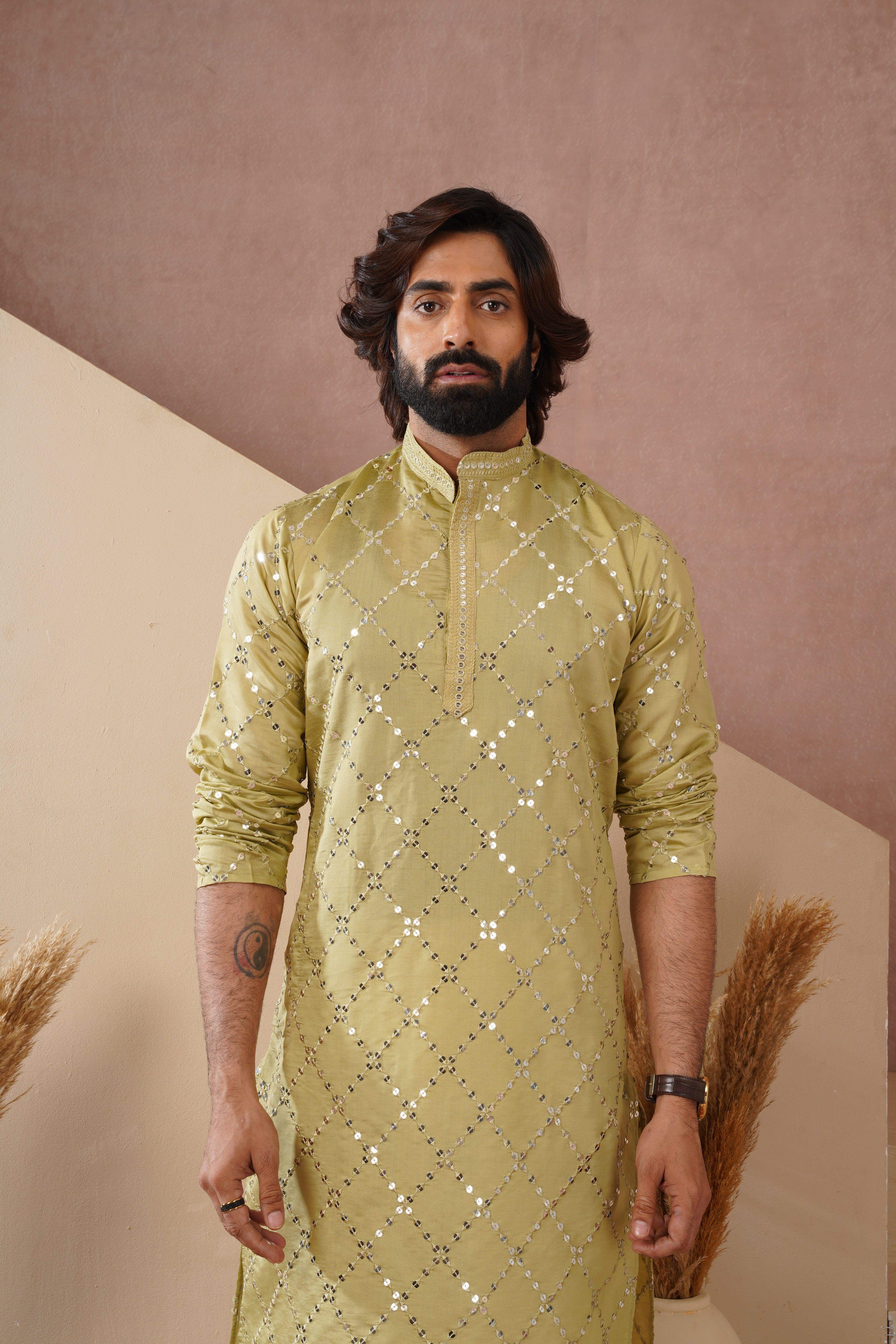 Riwaayat Lemon Sequin Embroidered Kurta Set for Men