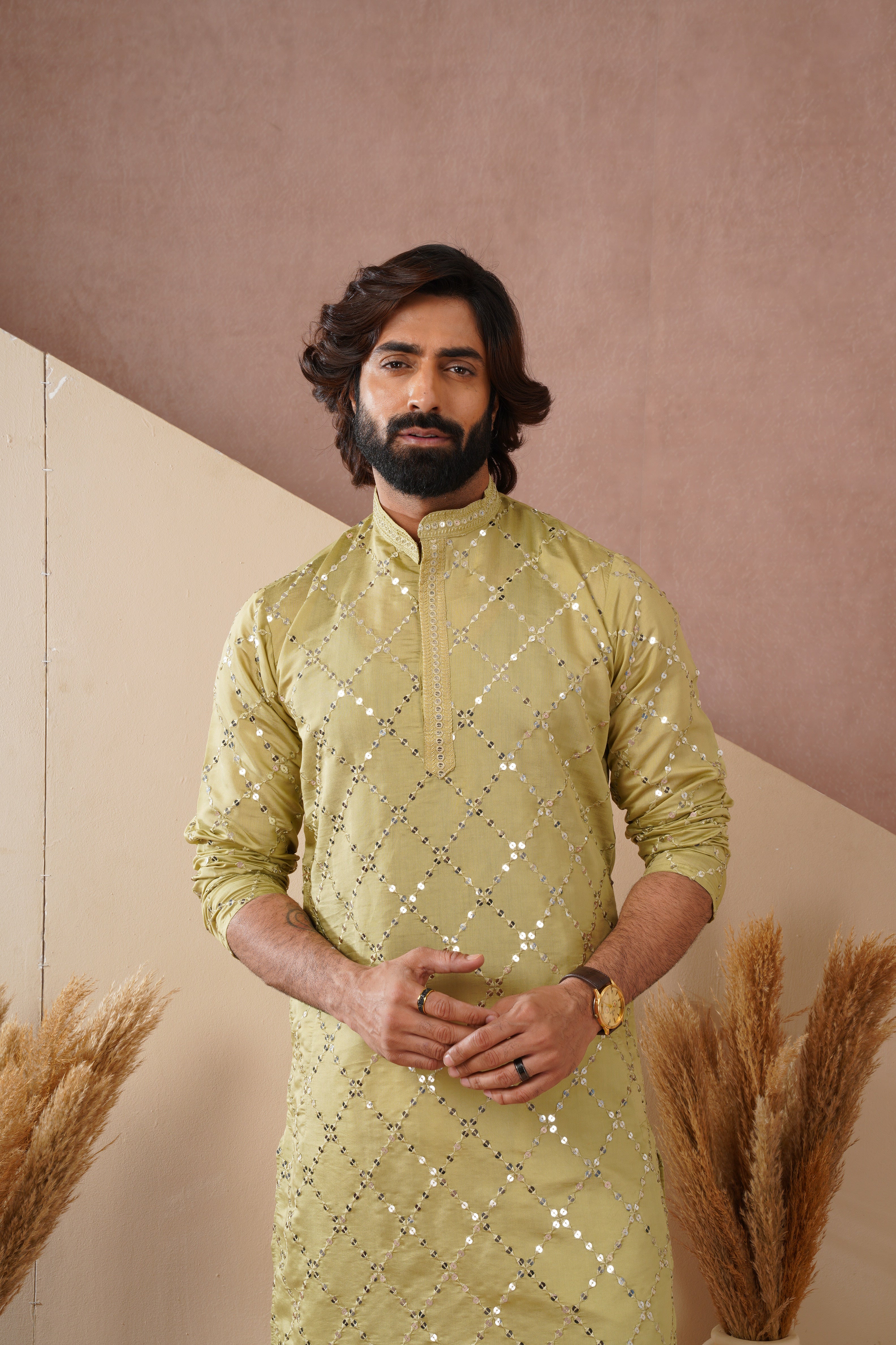 Riwaayat Lemon Sequin Embroidered Kurta Set for Men