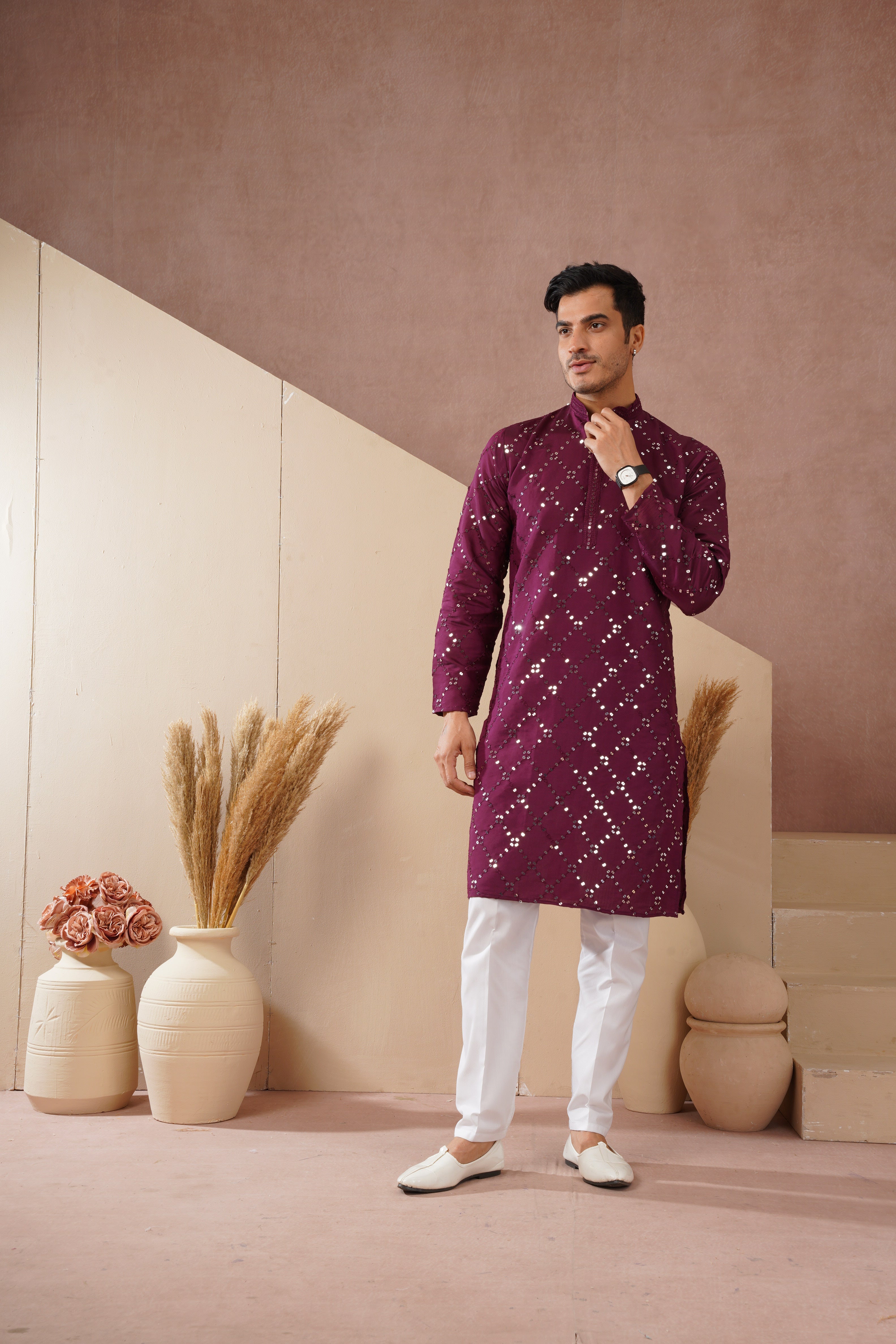 Riwaayat Purple Sequin Embroidered Kurta Set for Men