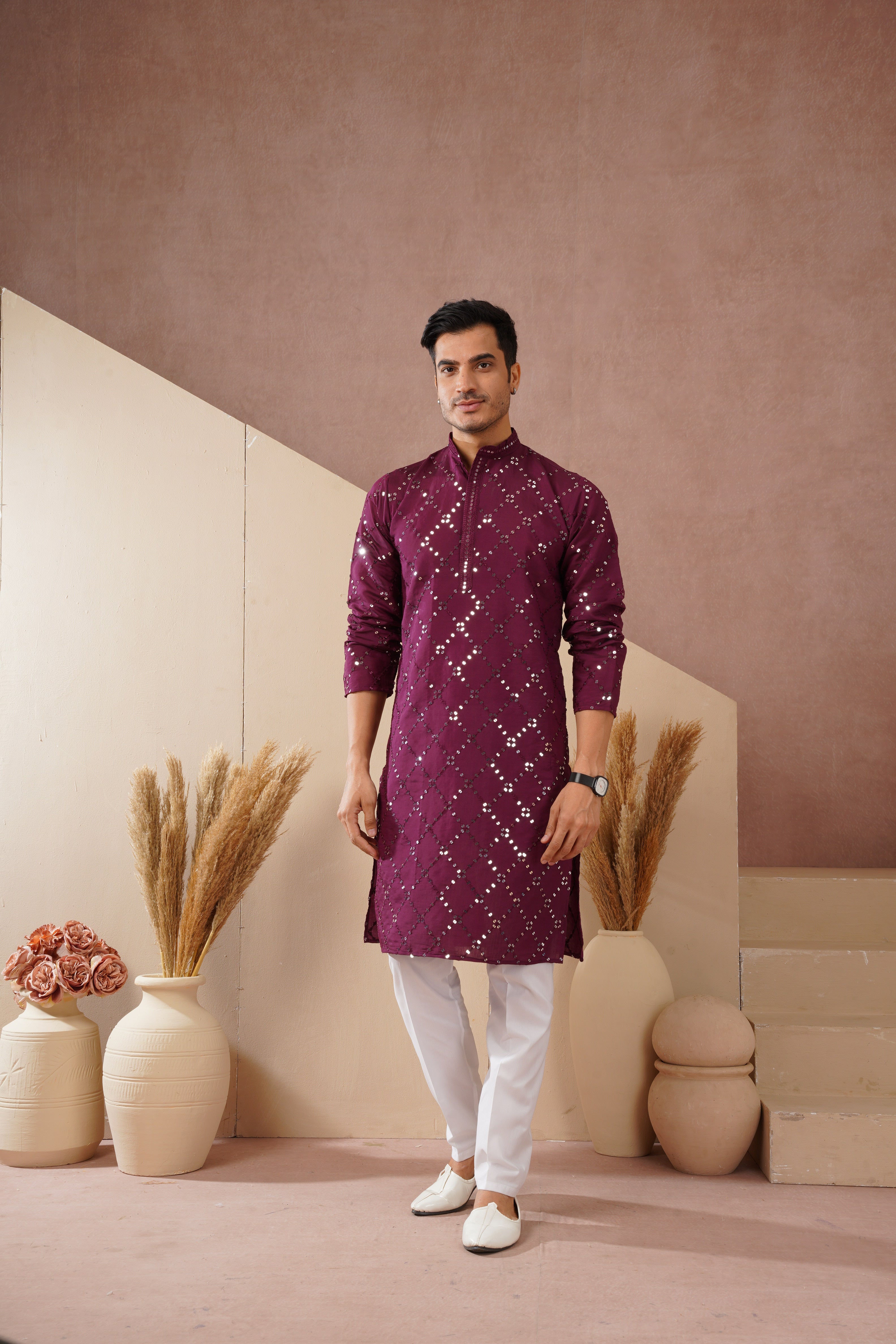 Riwaayat Purple Sequin Embroidered Kurta Set for Men