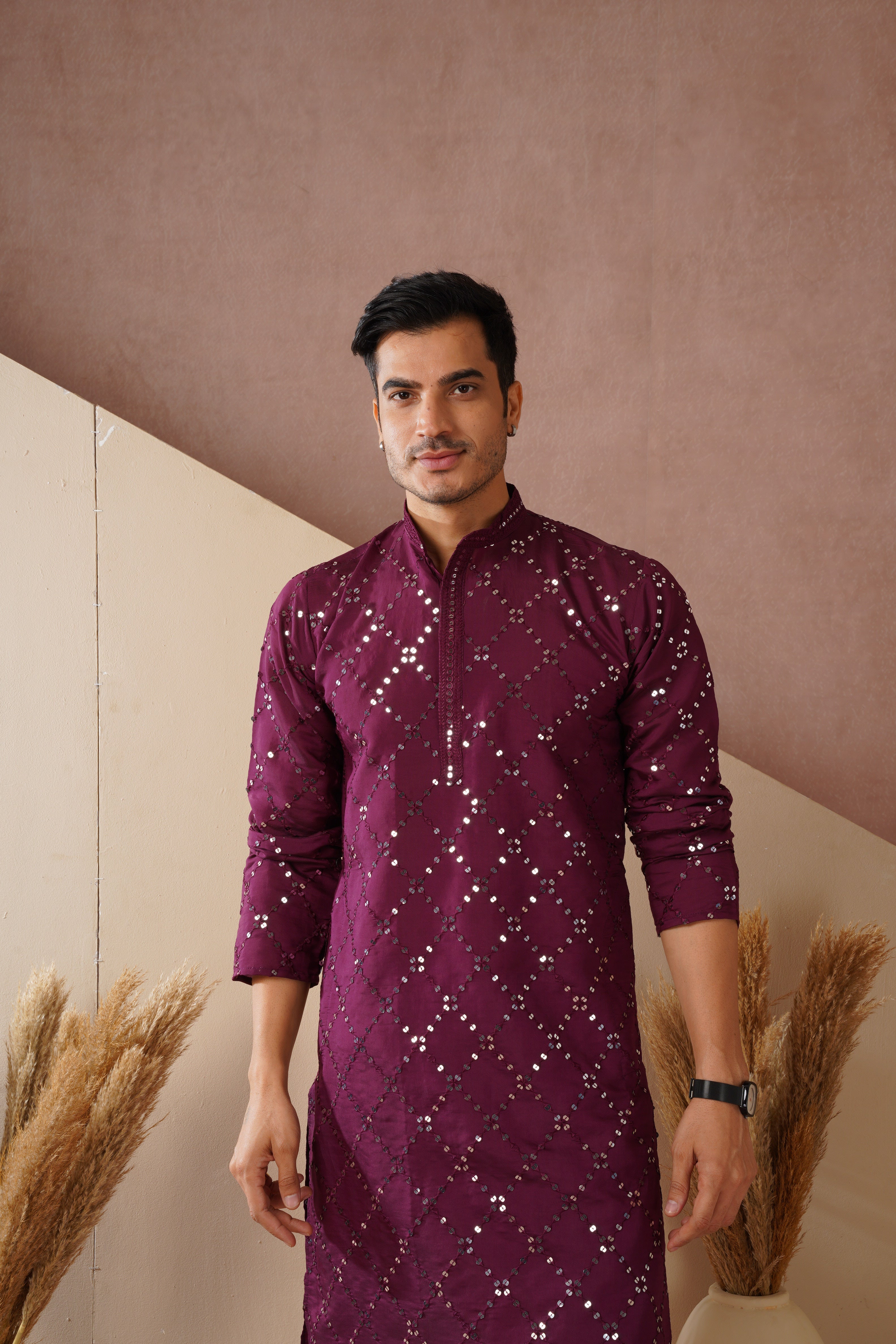 Riwaayat Purple Sequin Embroidered Kurta Set for Men