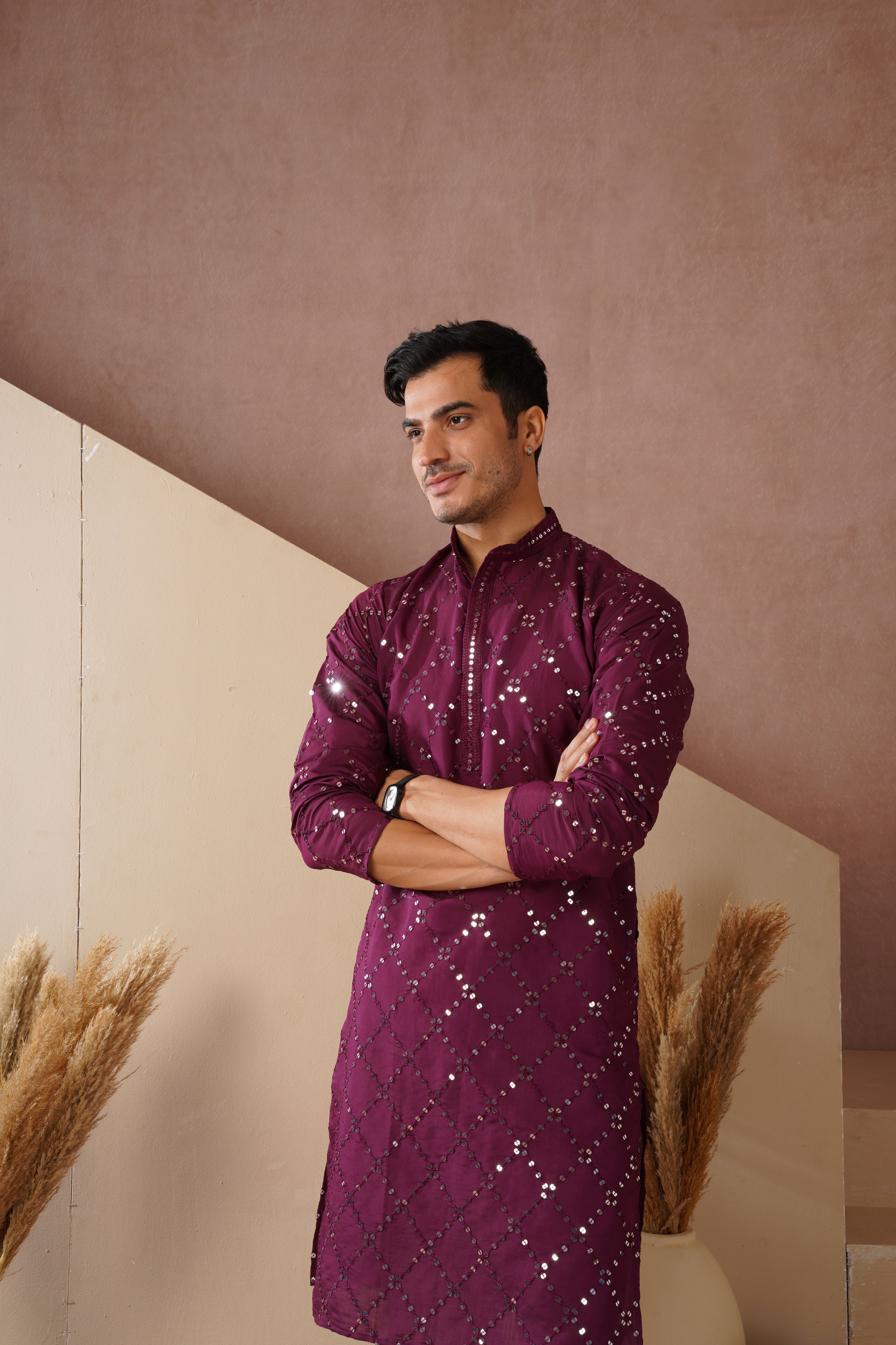 Riwaayat Purple Sequin Embroidered Kurta Set for Men