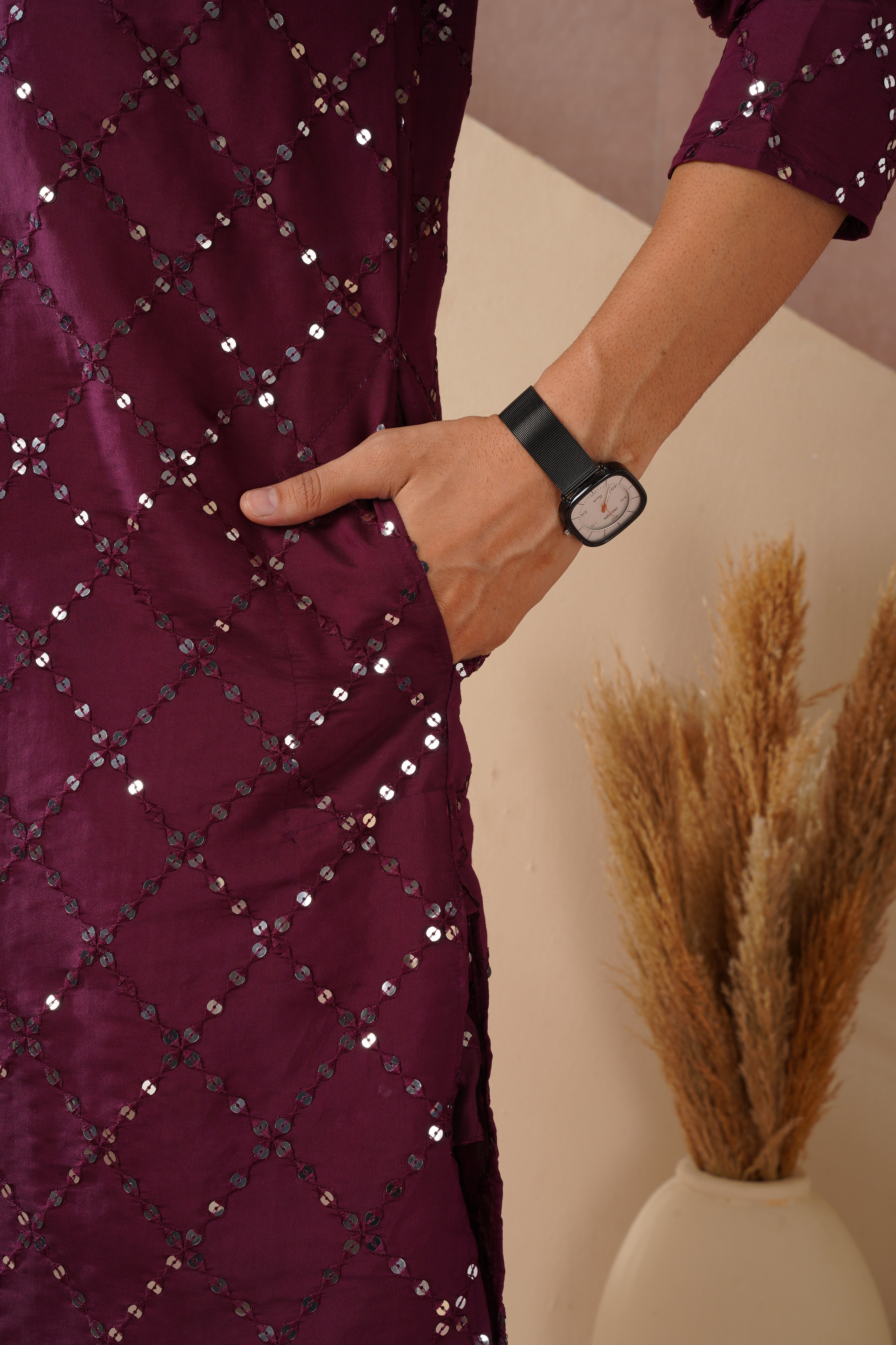 Riwaayat Purple Sequin Embroidered Kurta Set for Men