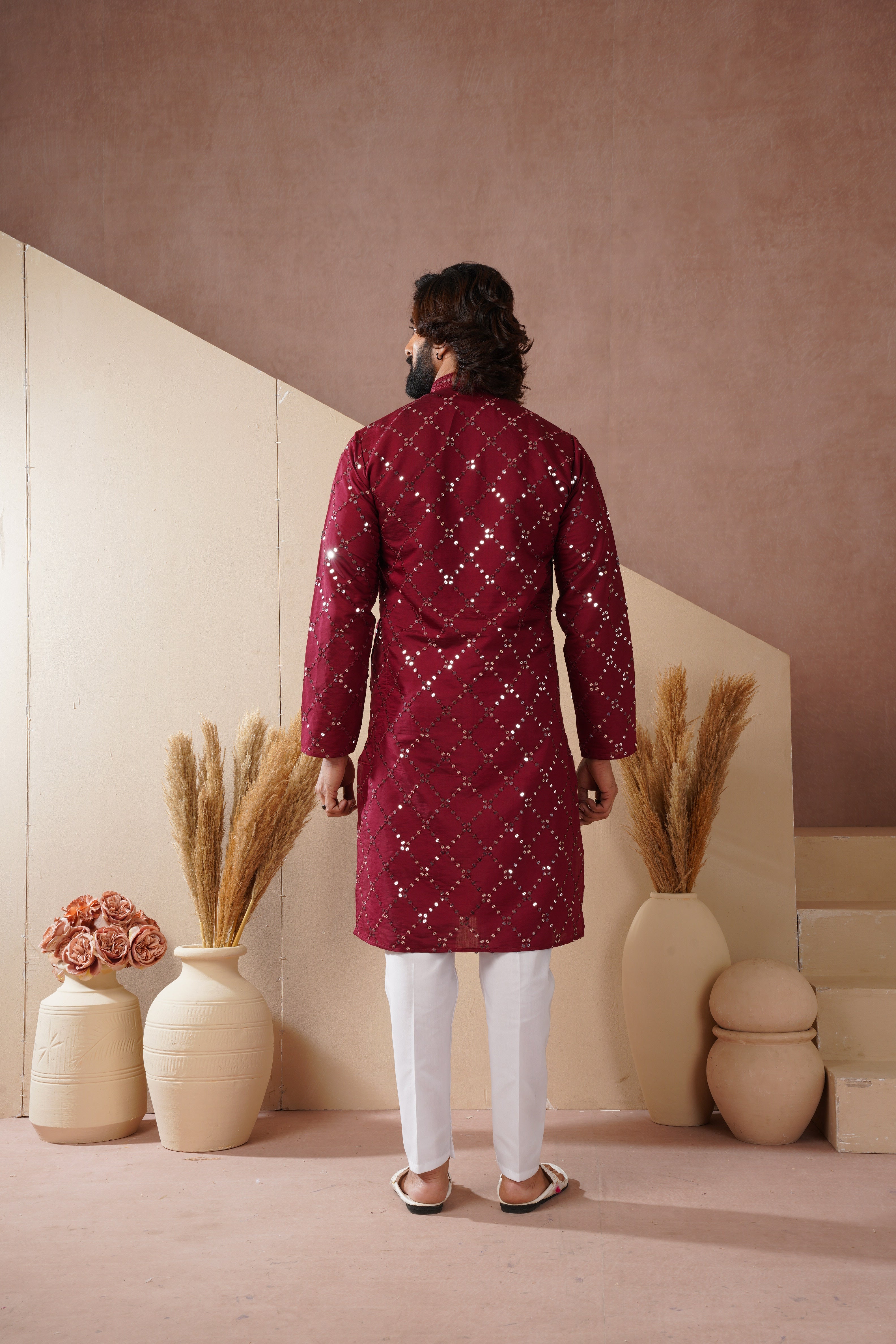 Riwaayat Maroon Sequin Embroidered Kurta Set for Men