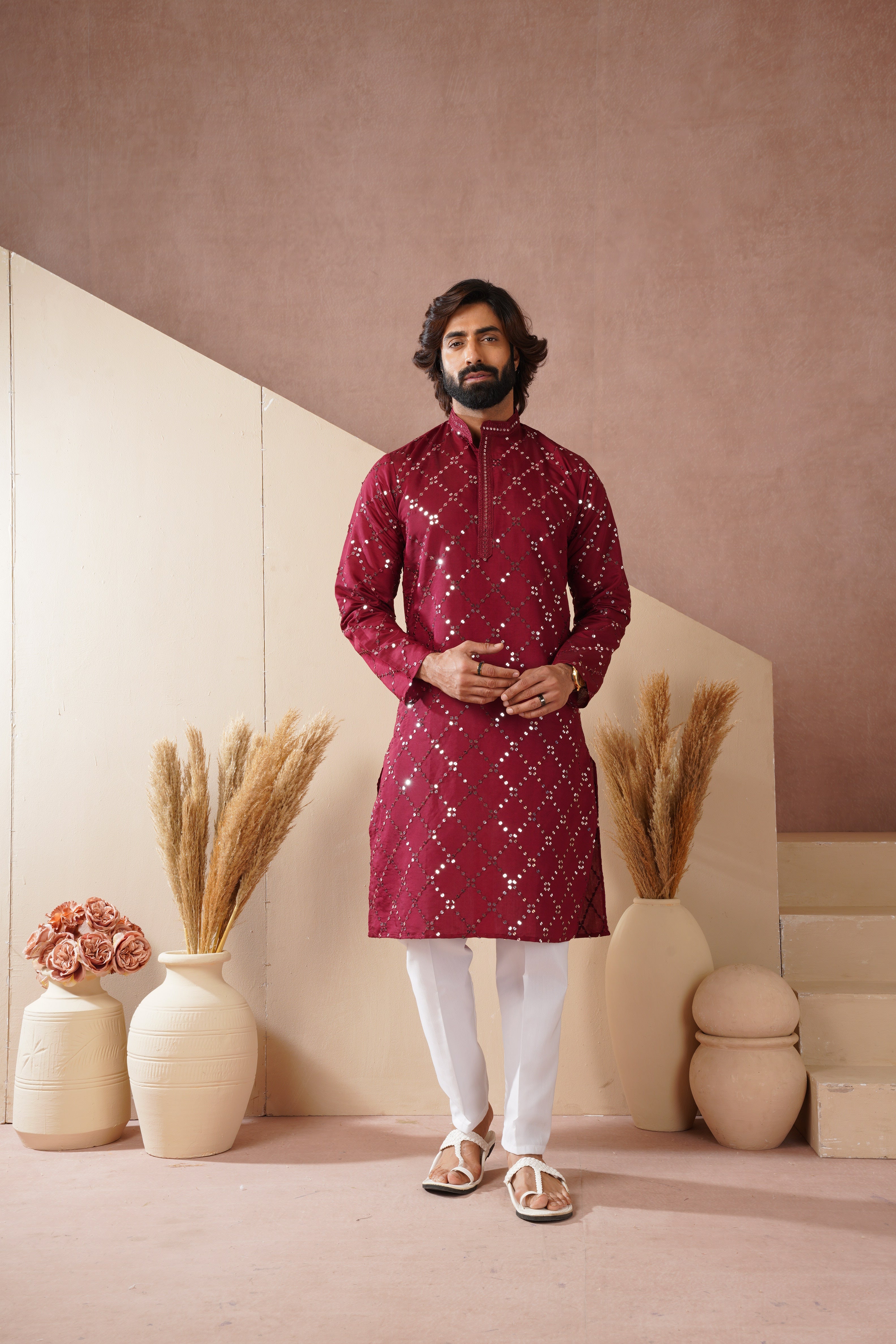 Riwaayat Maroon Sequin Embroidered Kurta Set for Men