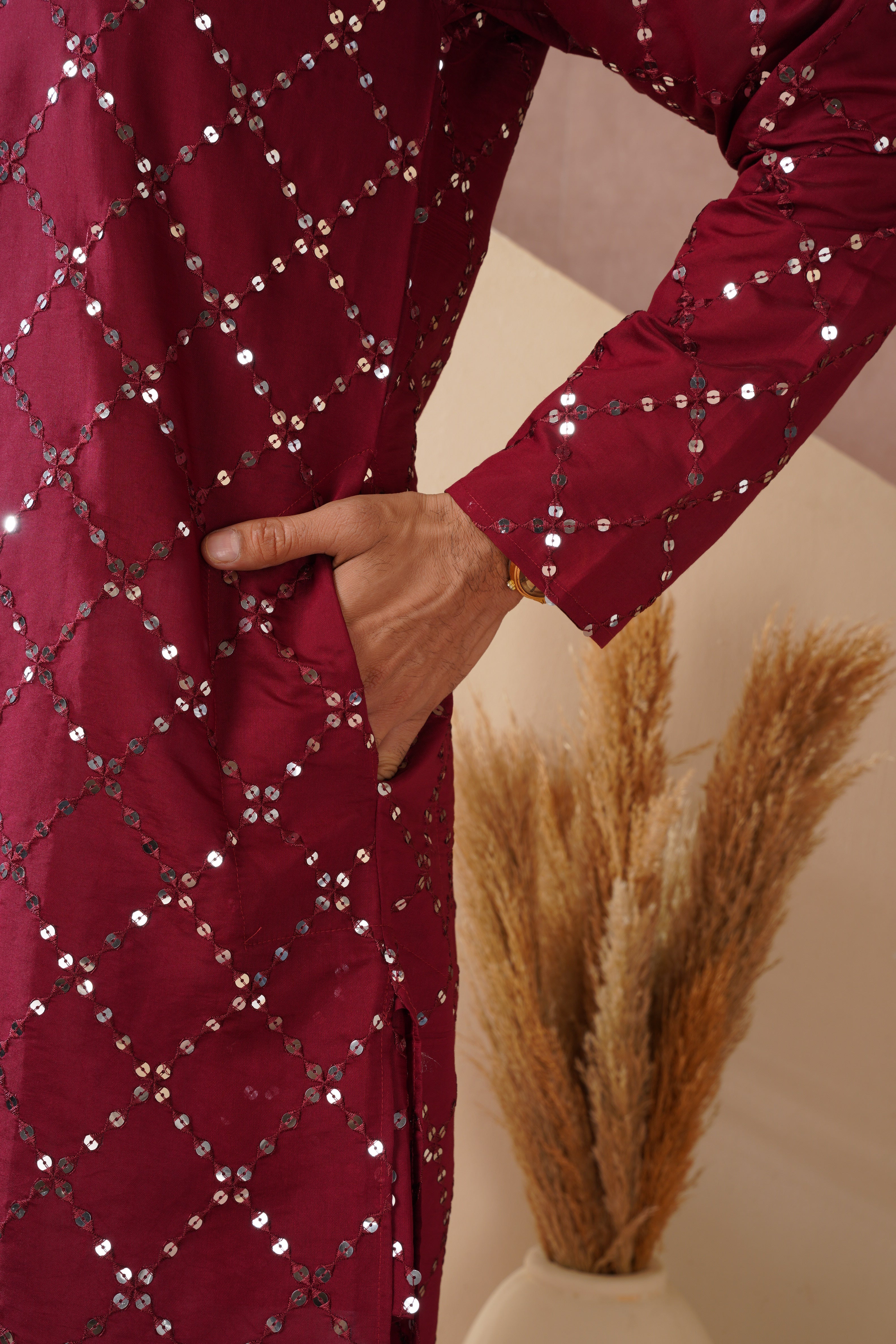 Riwaayat Maroon Sequin Embroidered Kurta Set for Men