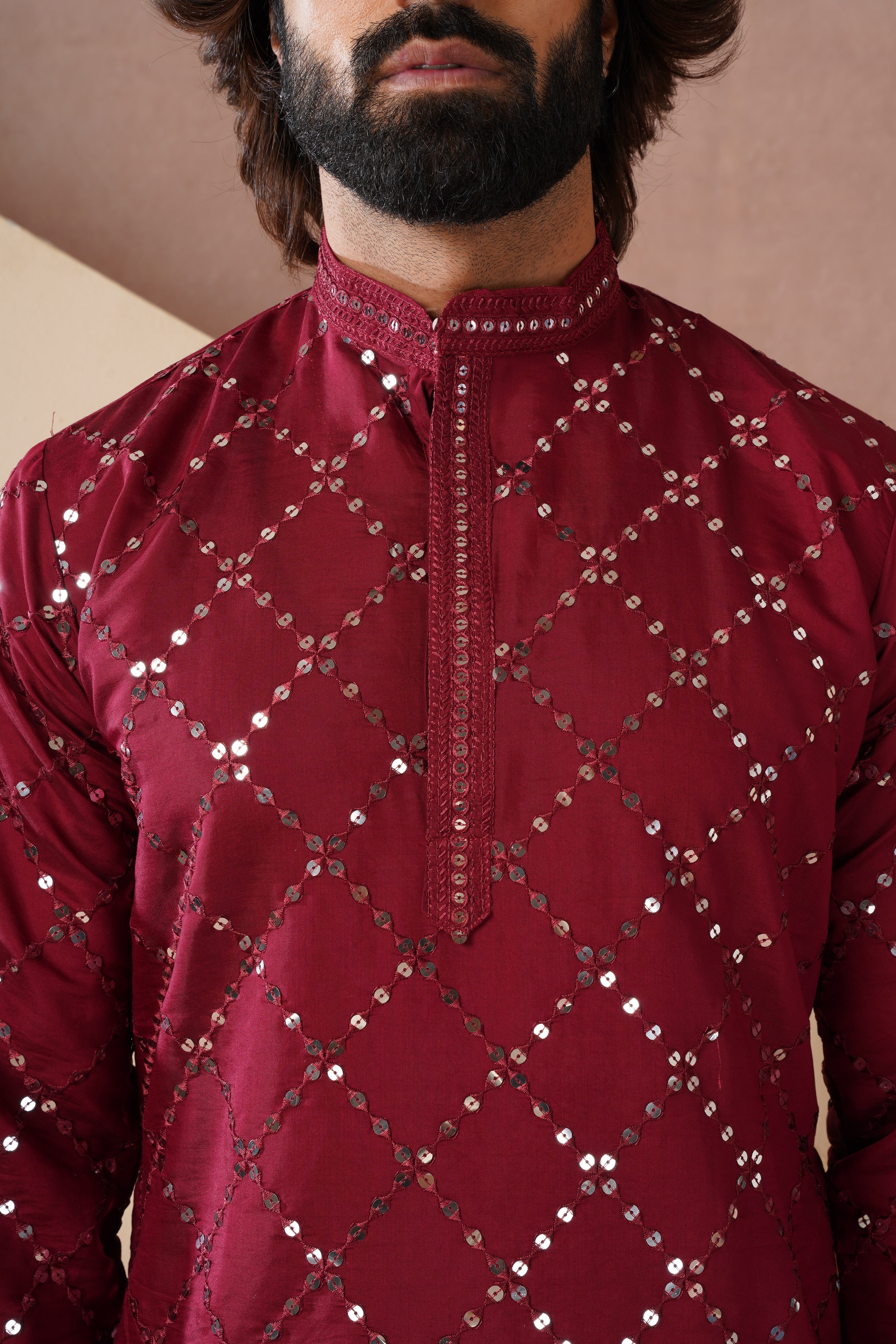 Riwaayat Maroon Sequin Embroidered Kurta Set for Men