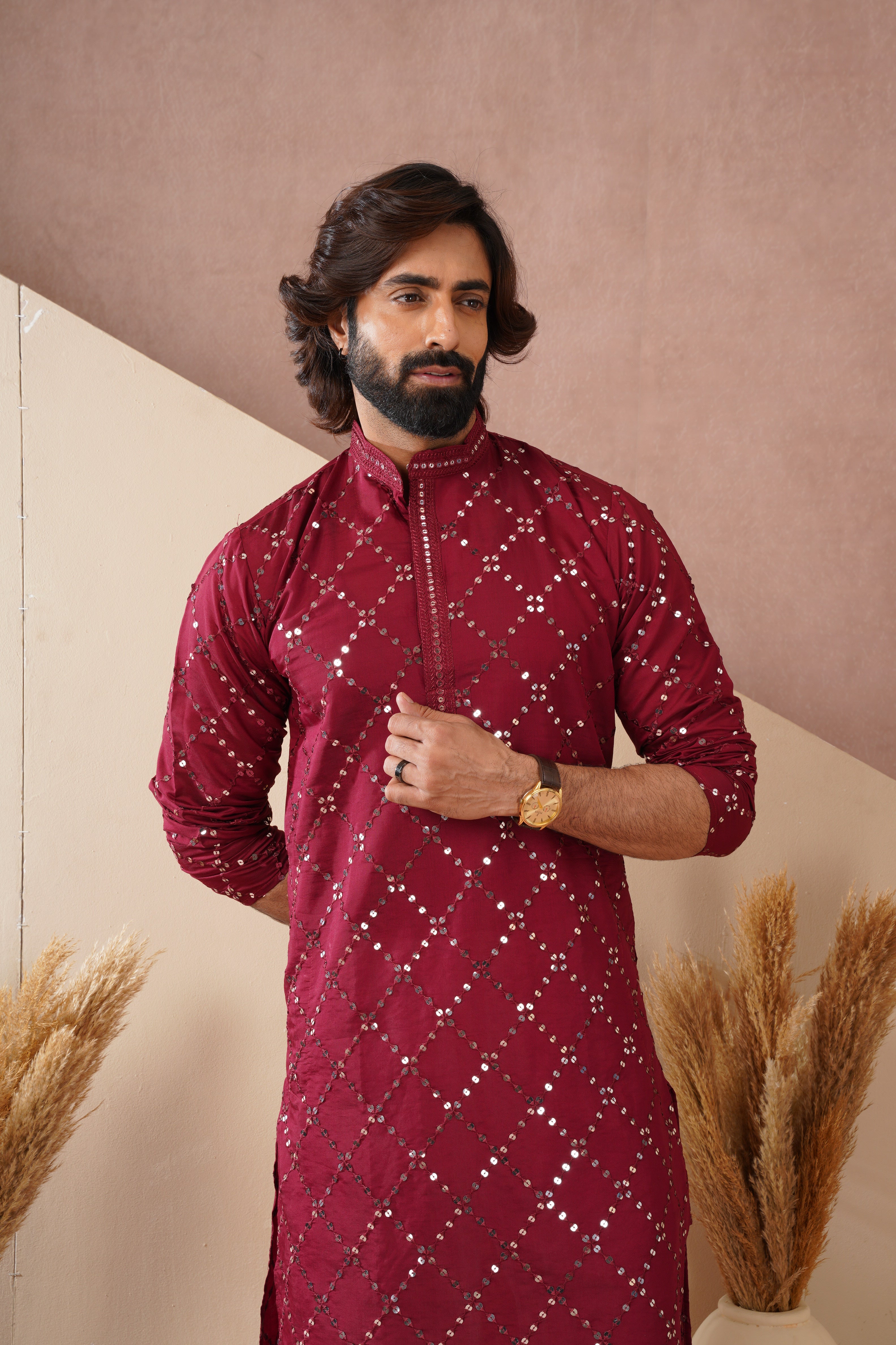 Riwaayat Maroon Sequin Embroidered Kurta Set for Men