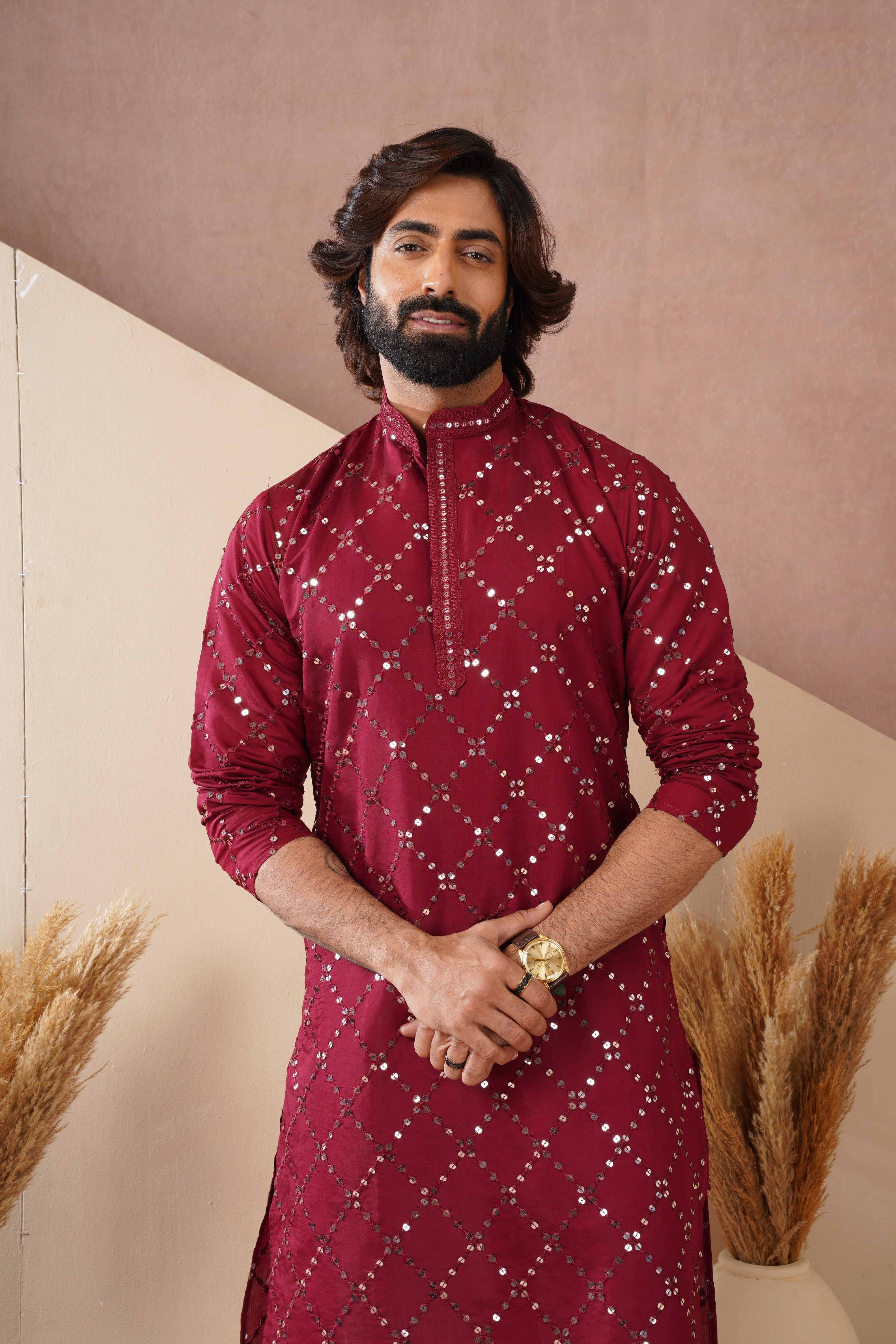 Riwaayat Maroon Sequin Embroidered Kurta Set for Men