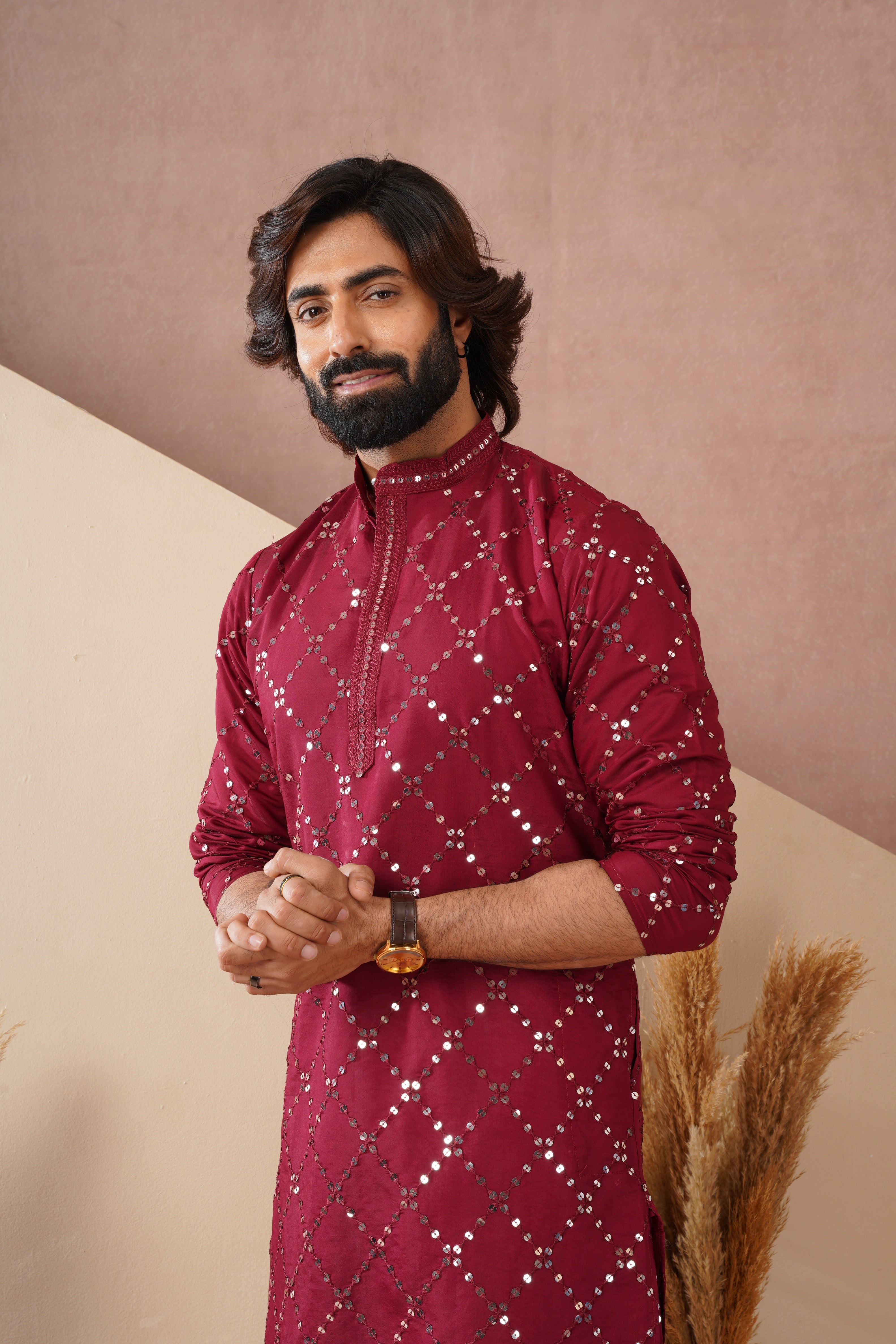 Riwaayat Maroon Sequin Embroidered Kurta Set for Men