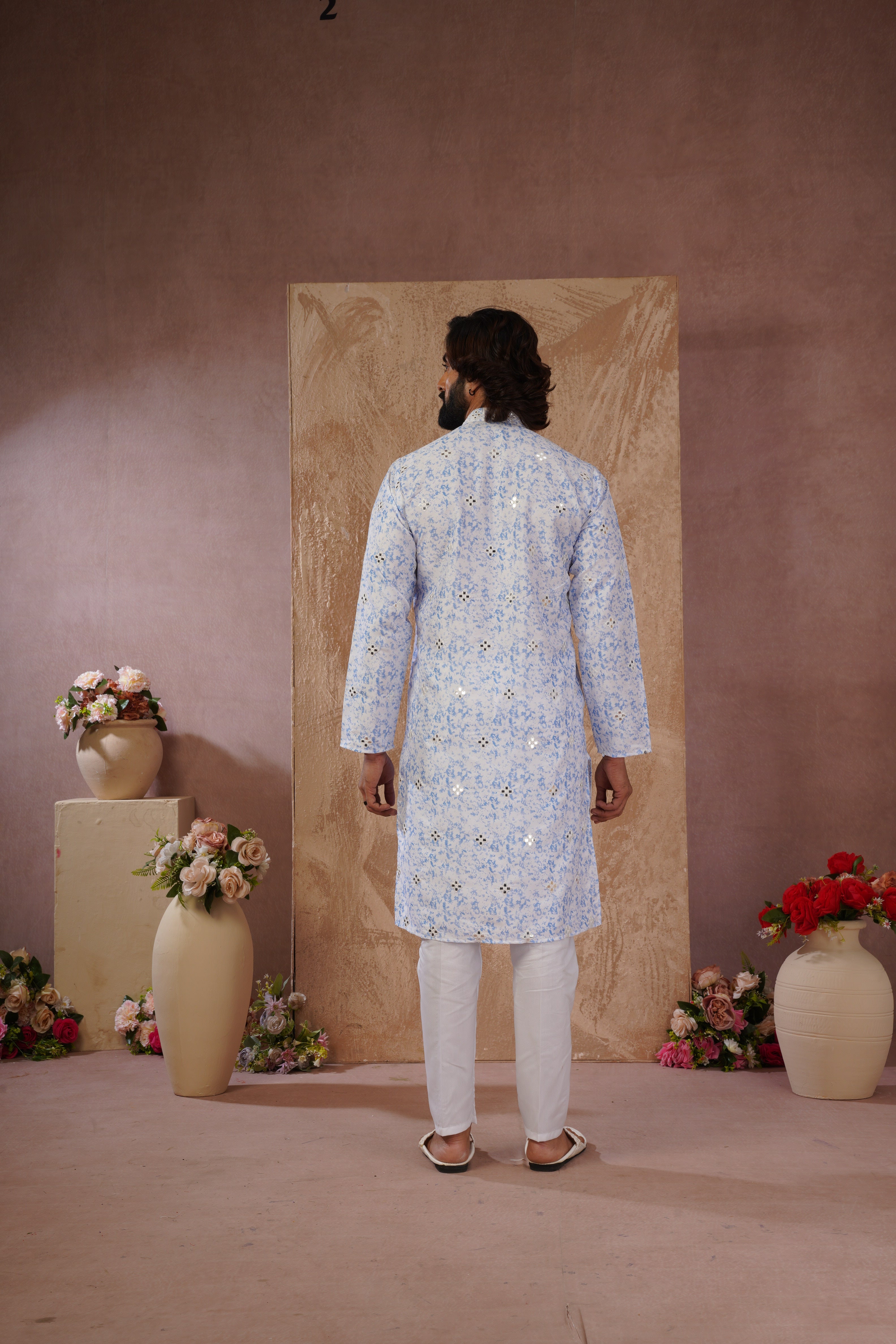 Blue Splash Print Mens Kurta with Mirror Highlights
