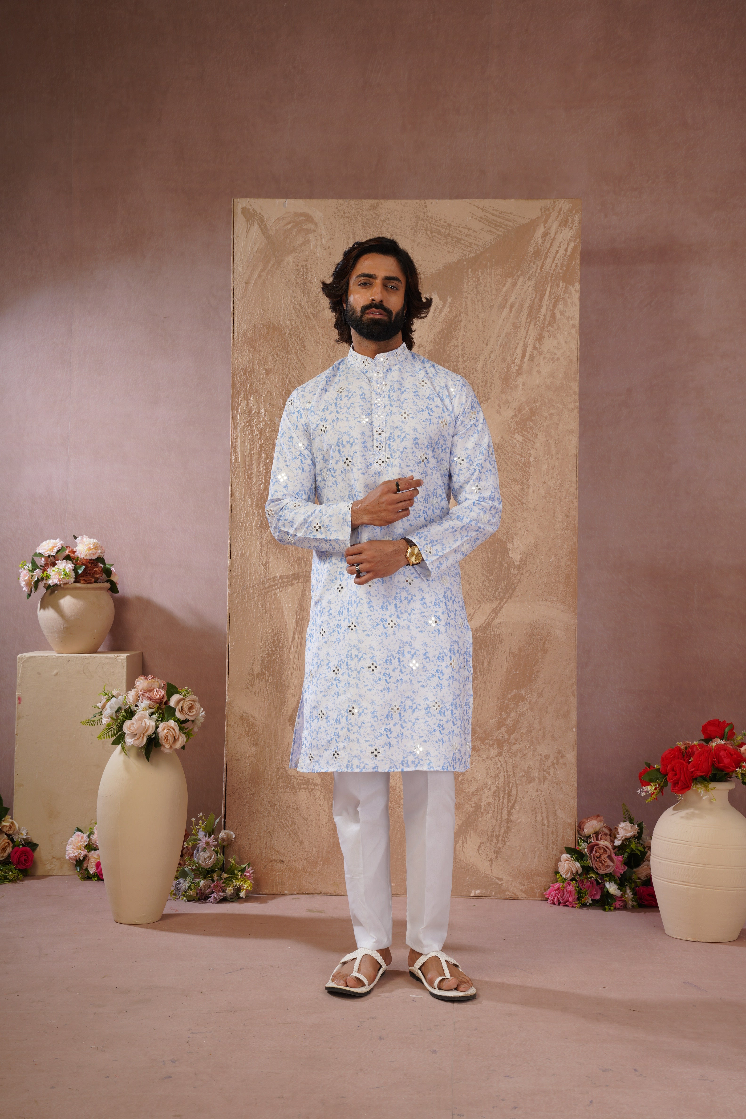 Blue Splash Print Mens Kurta with Mirror Highlights