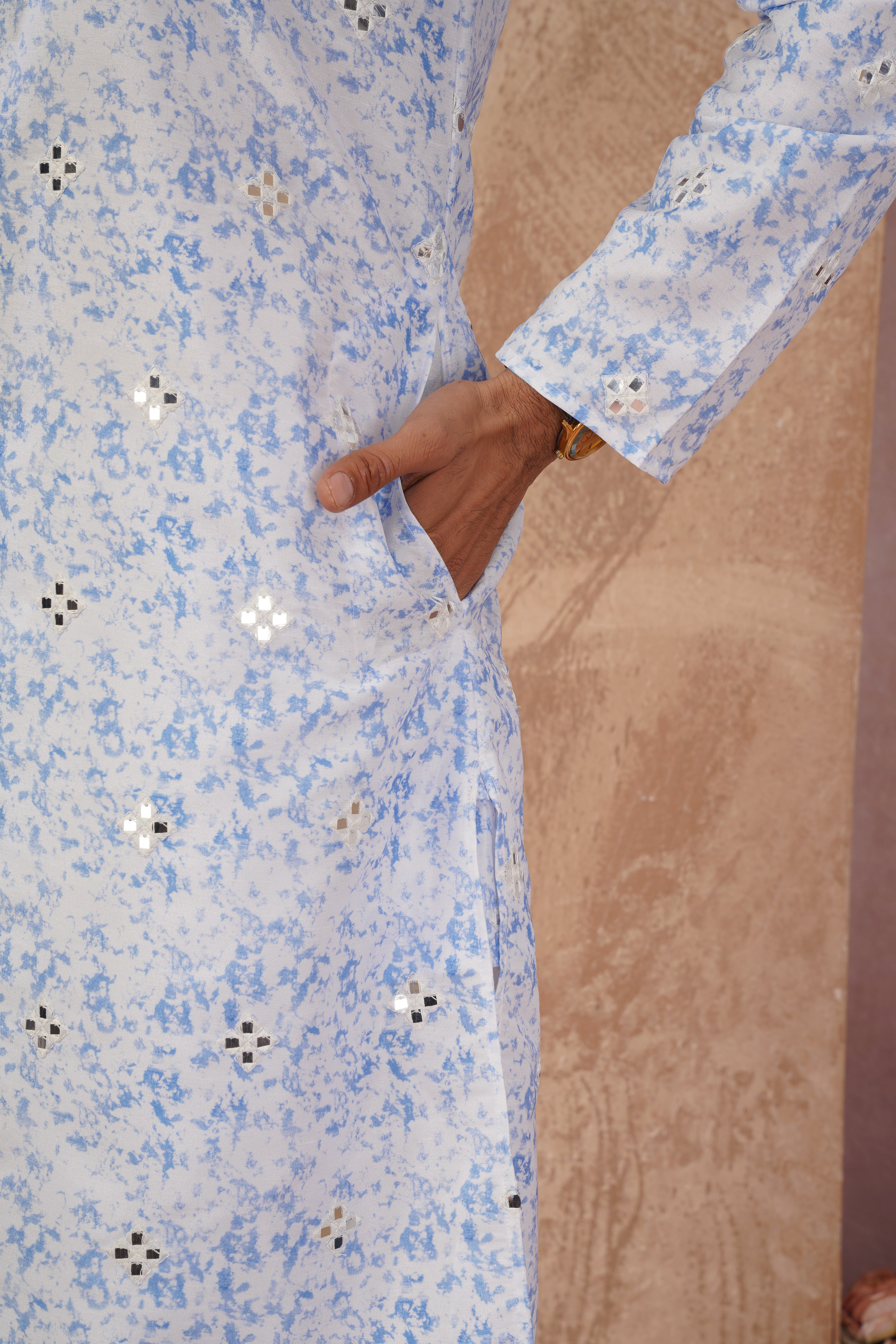 Blue Splash Print Mens Kurta with Mirror Highlights