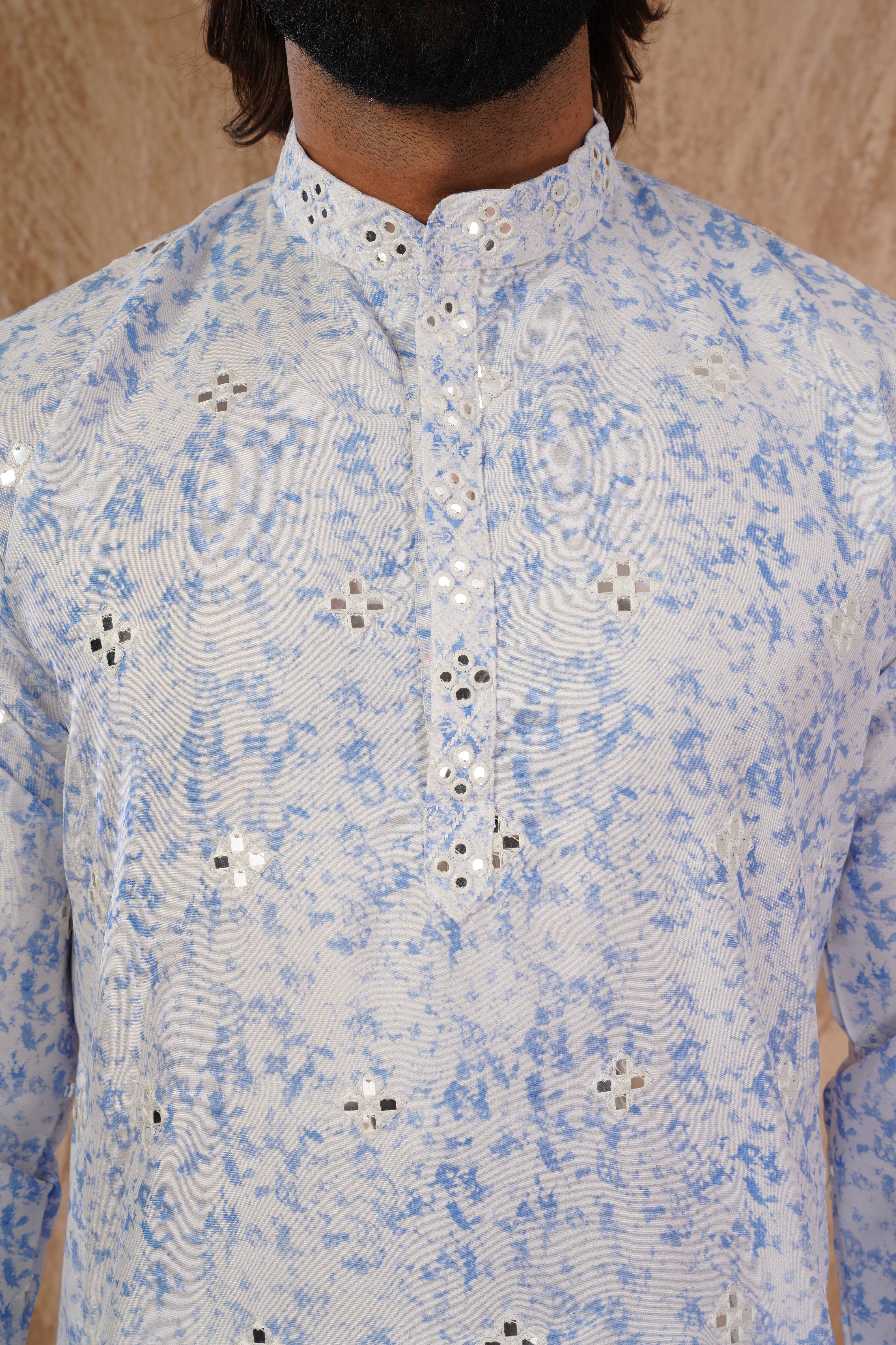 Blue Splash Print Mens Kurta with Mirror Highlights