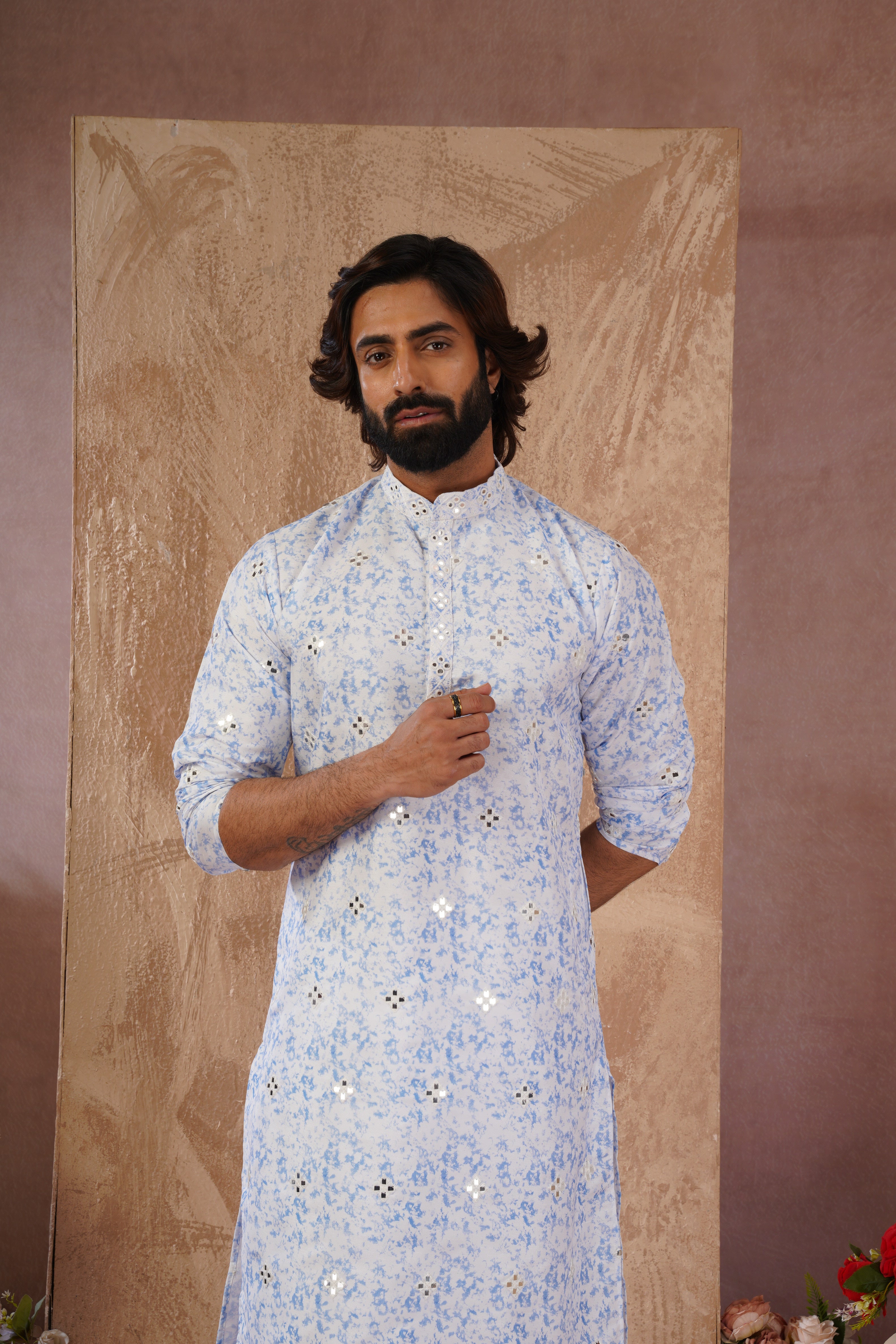 Blue Splash Print Mens Kurta with Mirror Highlights