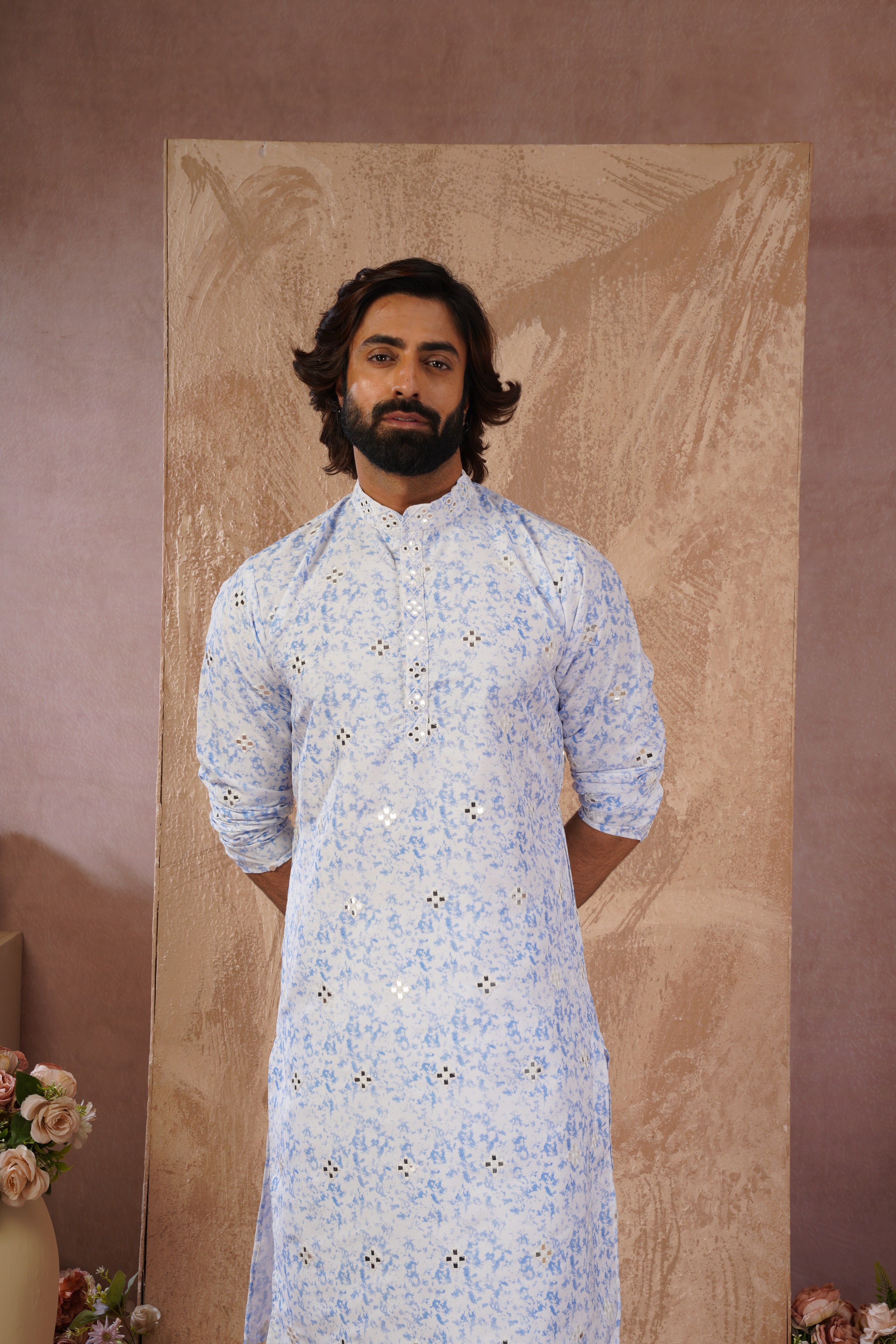 Blue Splash Print Mens Kurta with Mirror Highlights