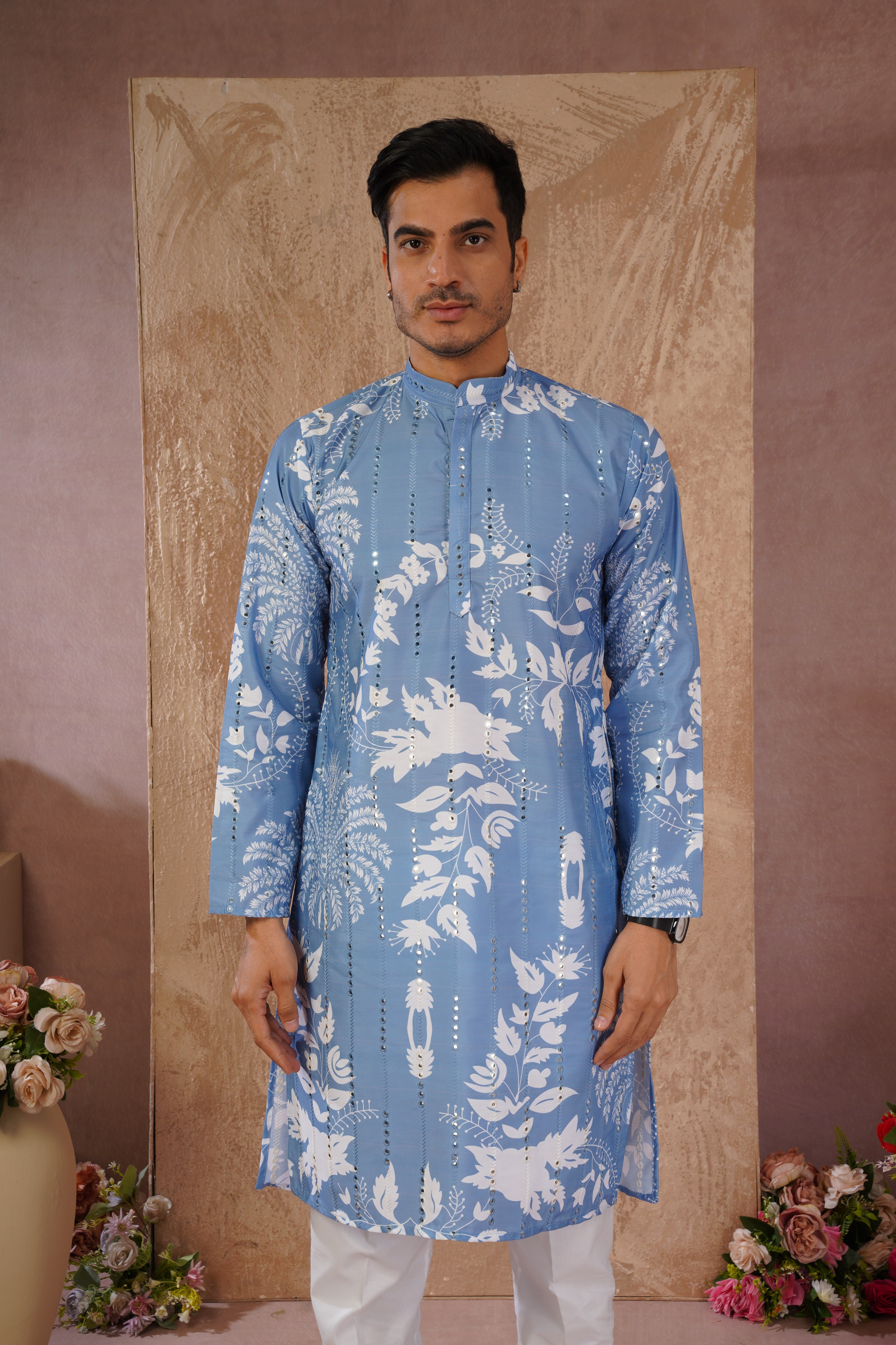 Blue Luxe Mirror Work Printed Kurta Set for Men