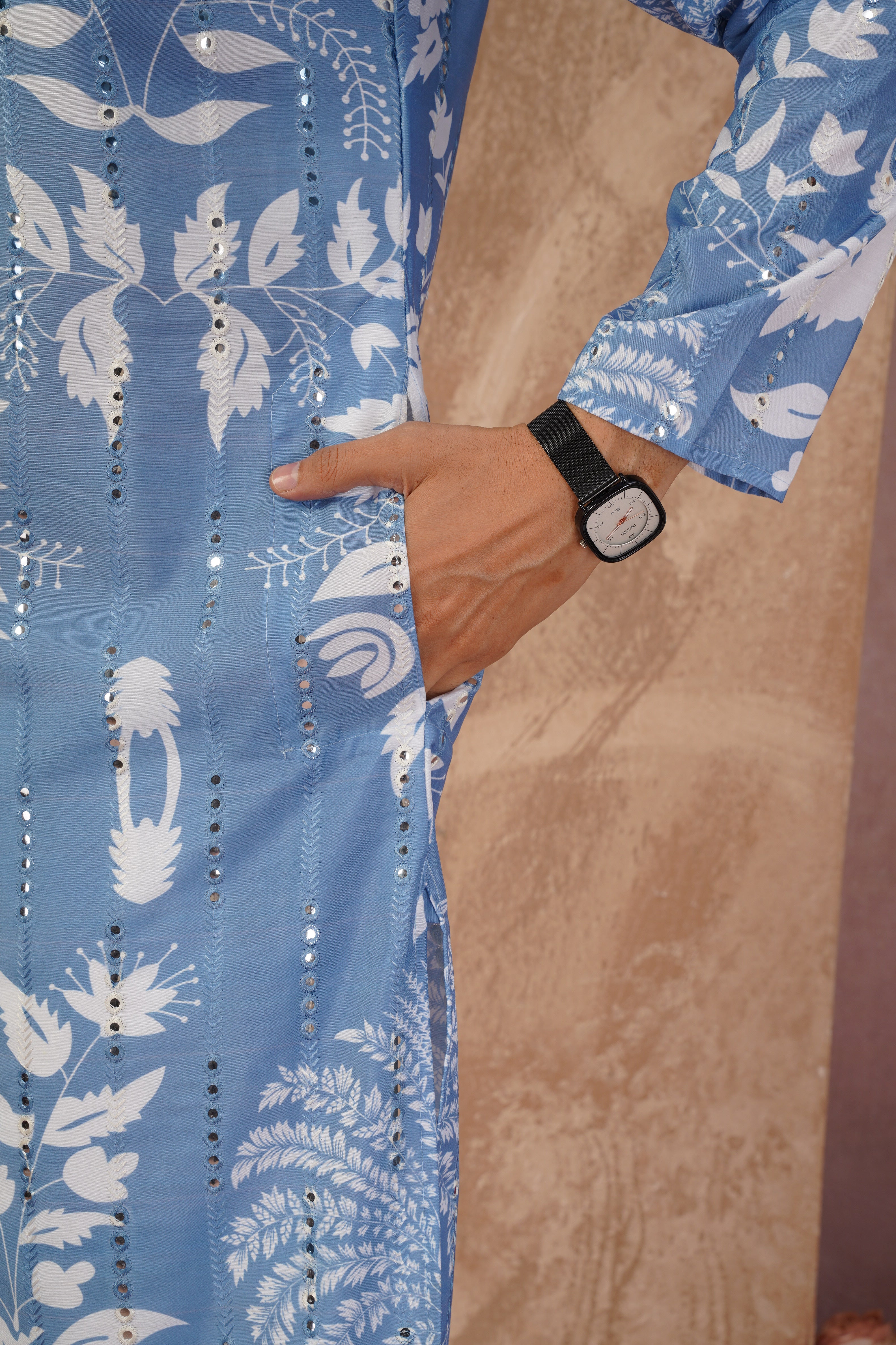 Blue Luxe Mirror Work Printed Kurta Set for Men