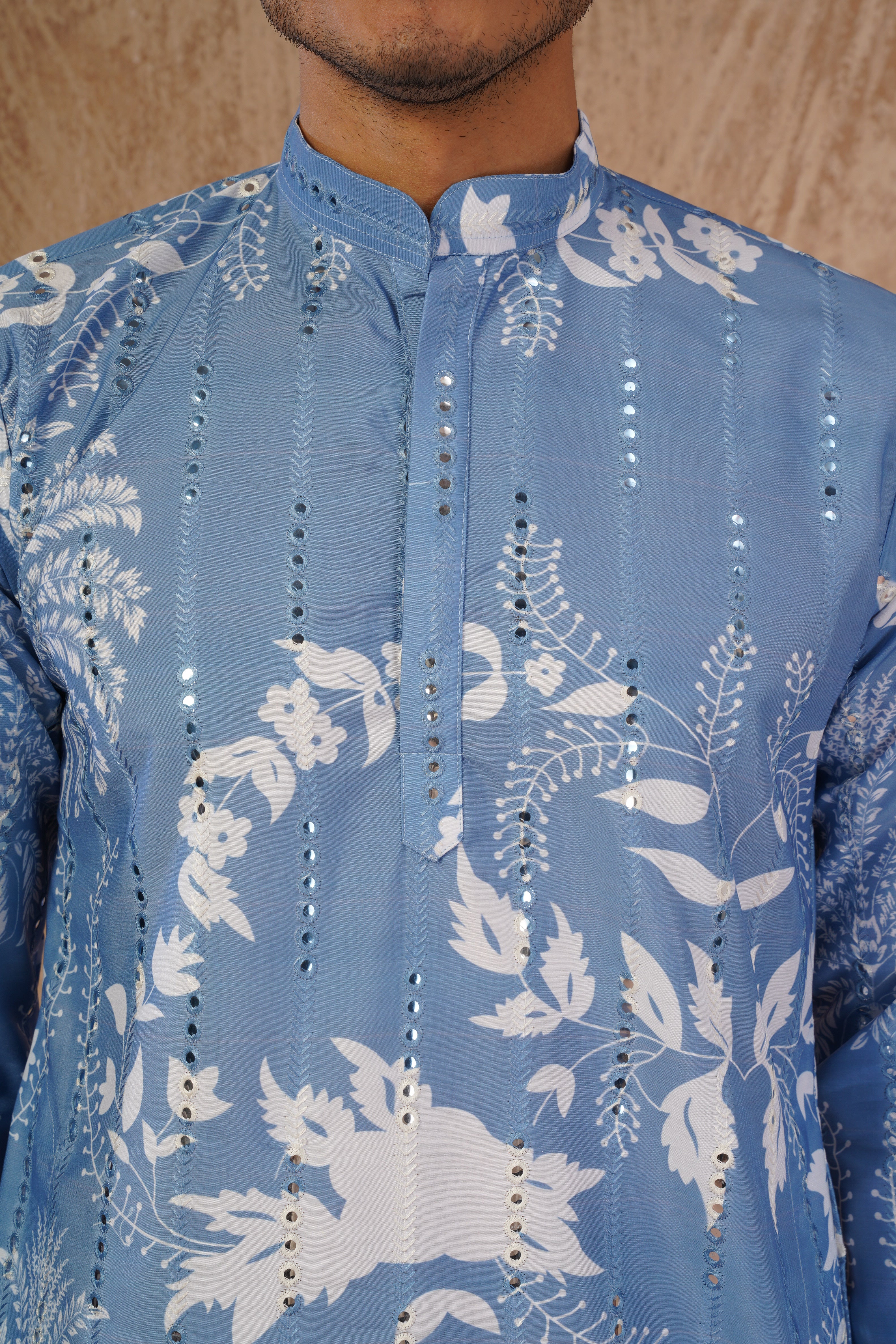 Blue Luxe Mirror Work Printed Kurta Set for Men